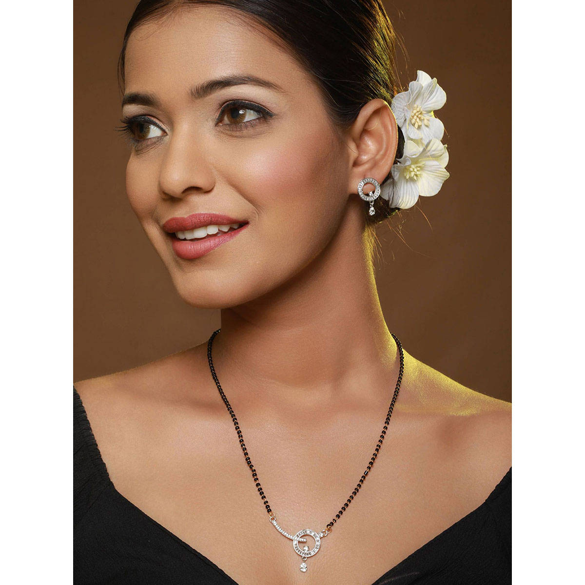 Aatmana Rhodium-Plated Black American Diamond-Studded & Beaded Mangalsutra with Earrings