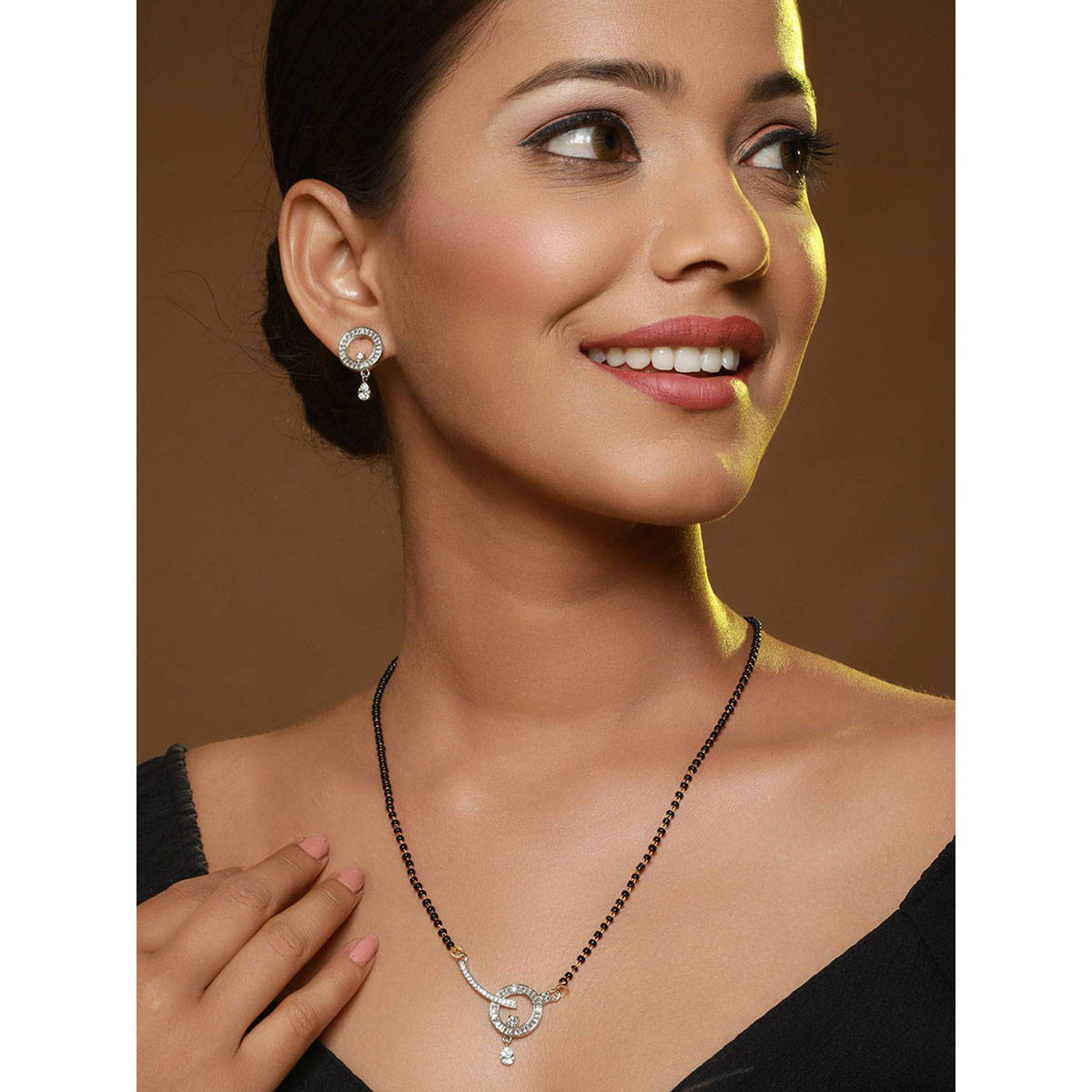 Aatmana Rhodium-Plated Black American Diamond-Studded & Beaded Mangalsutra with Earrings