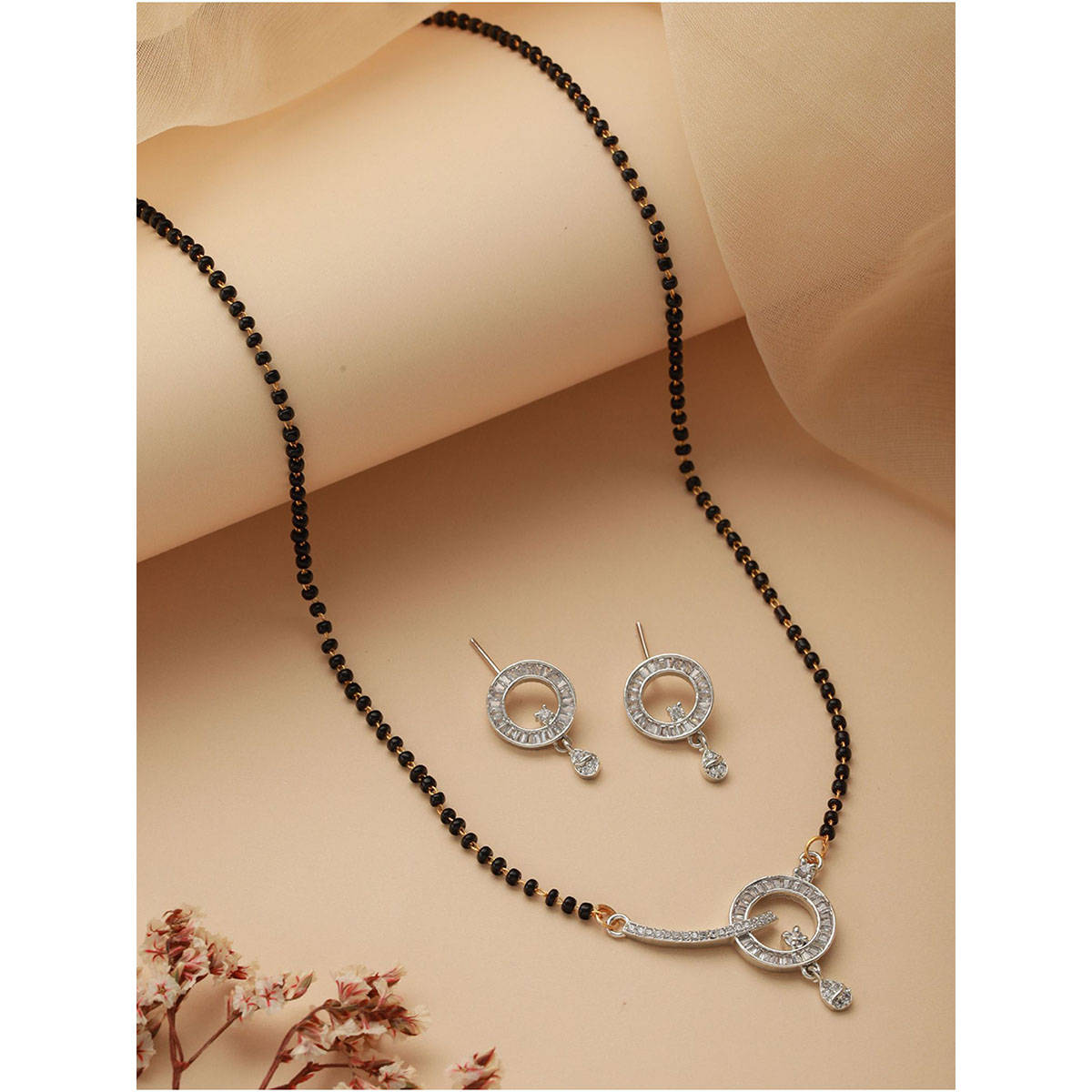 Aatmana Rhodium-Plated Black American Diamond-Studded & Beaded Mangalsutra with Earrings