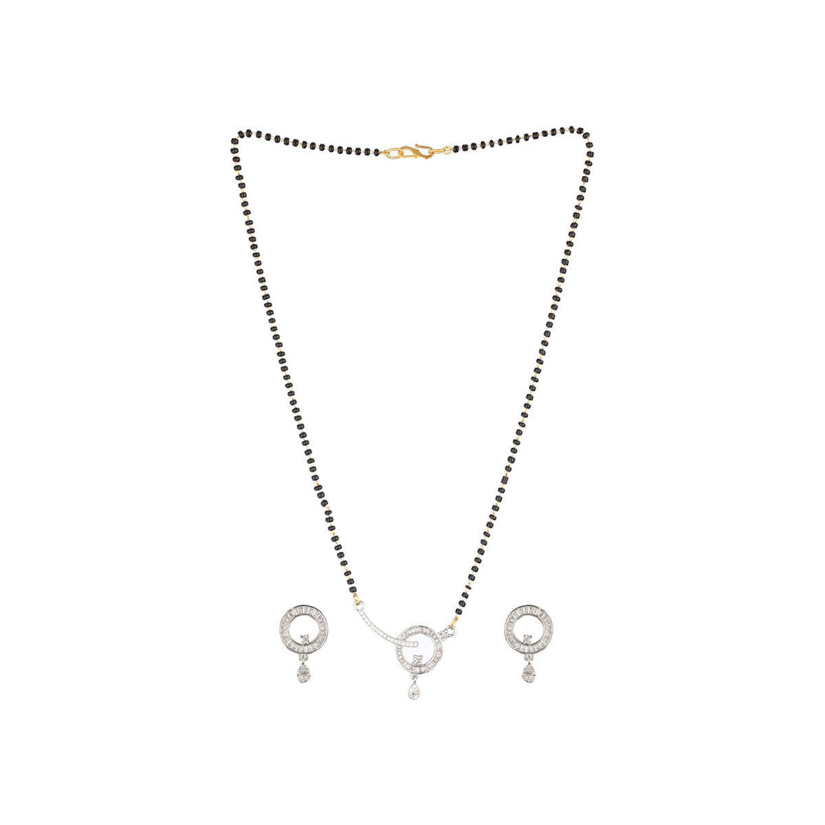 Aatmana Rhodium-Plated Black American Diamond-Studded & Beaded Mangalsutra with Earrings