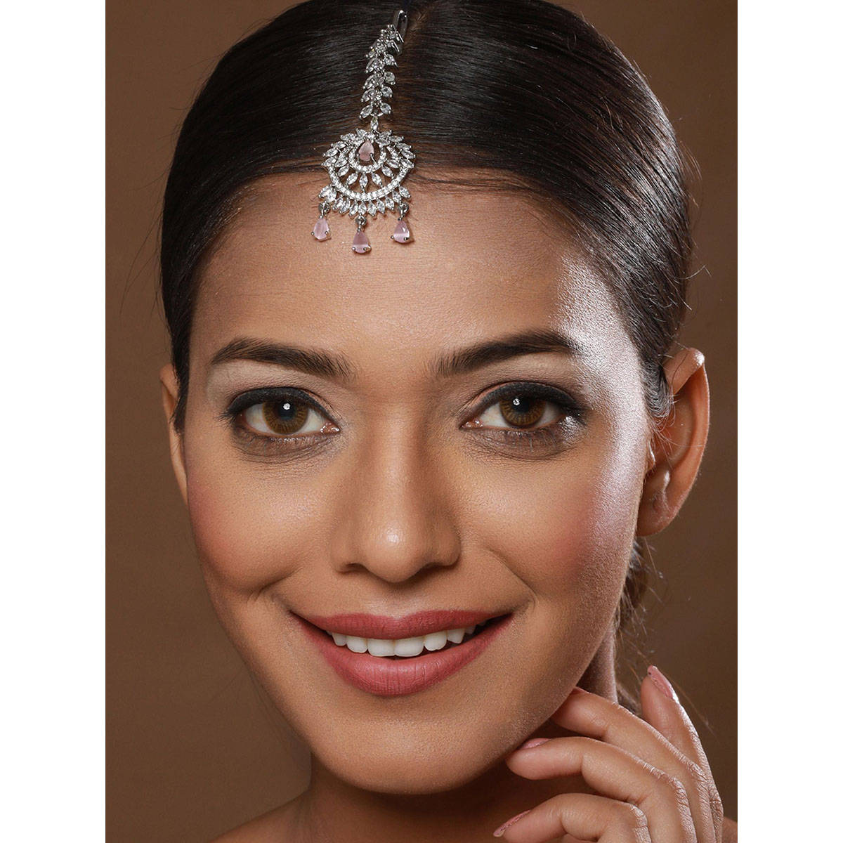 Aatmana Rhodium-Plated Pink & White AD Studded Maang Tikka