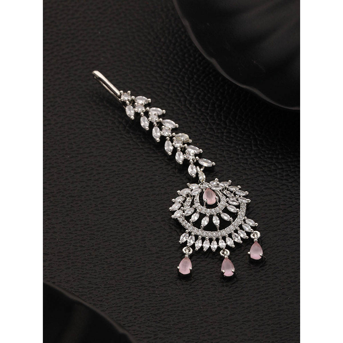 Aatmana Rhodium-Plated Pink & White AD Studded Maang Tikka