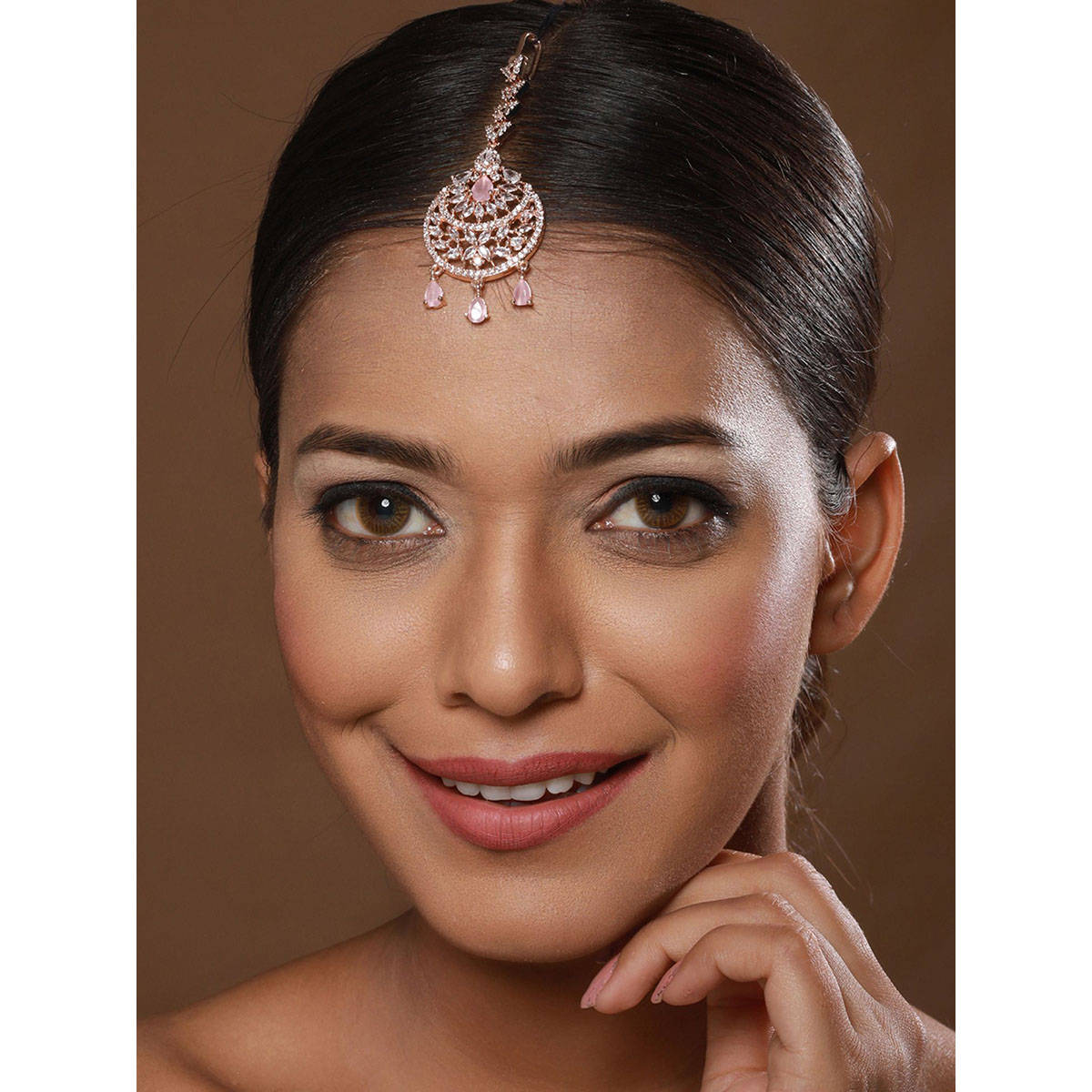 Aatmana Rose Gold-Plated Pink & White AD-Studded Handcrafted Maang Tikka