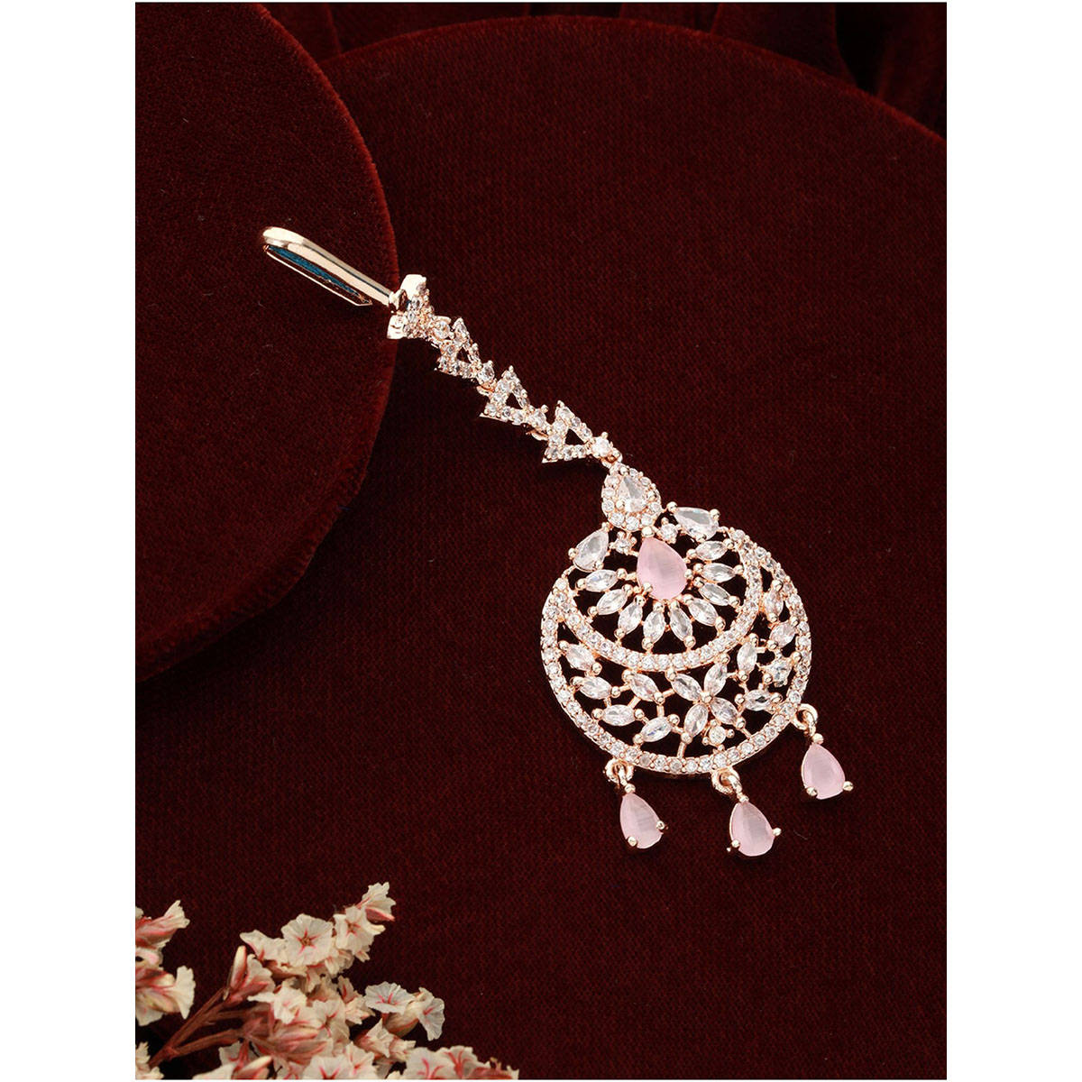 Aatmana Rose Gold-Plated Pink & White AD-Studded Handcrafted Maang Tikka