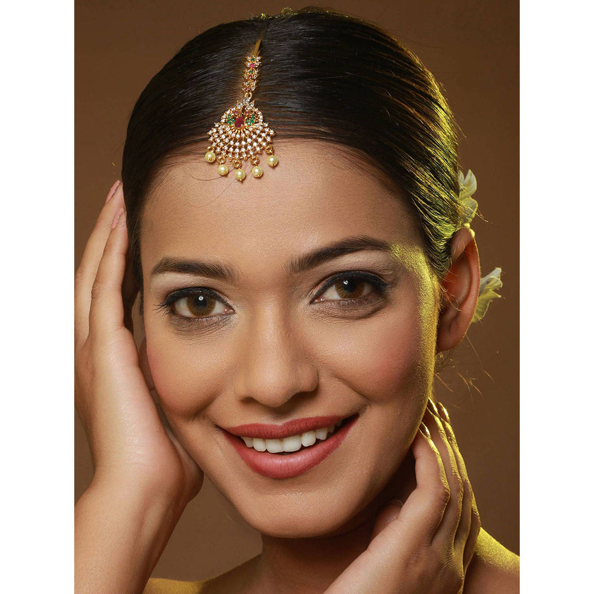 Aatmana 24k Gold-Plated Red & White AD-Studded & Beige Beaded Handcrafted Maang Tikka