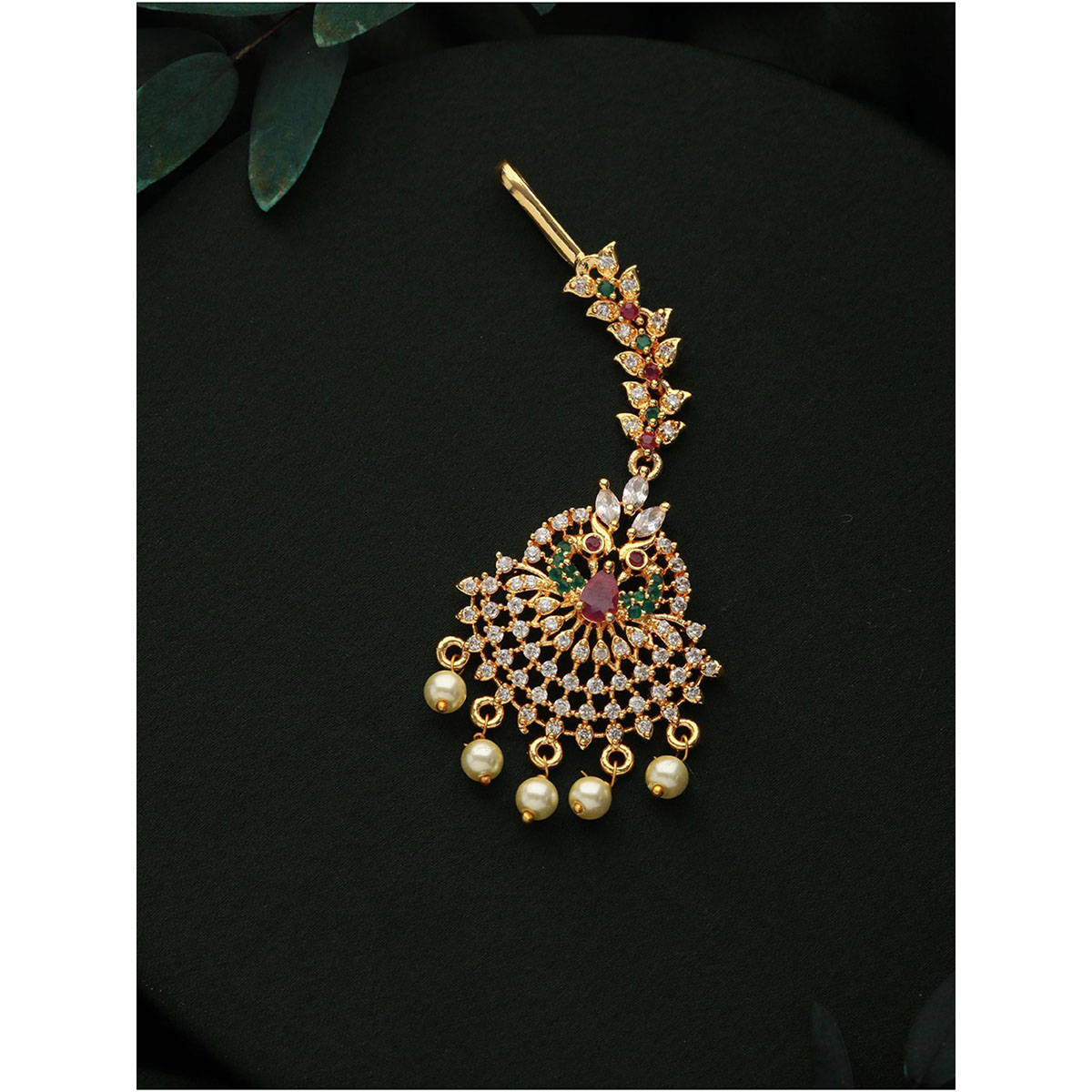 Aatmana 24k Gold-Plated Red & White AD-Studded & Beige Beaded Handcrafted Maang Tikka