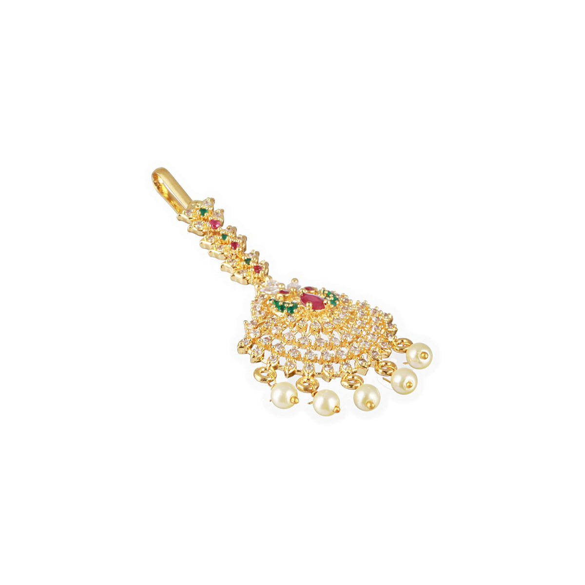 Aatmana 24k Gold-Plated Red & White AD-Studded & Beige Beaded Handcrafted Maang Tikka