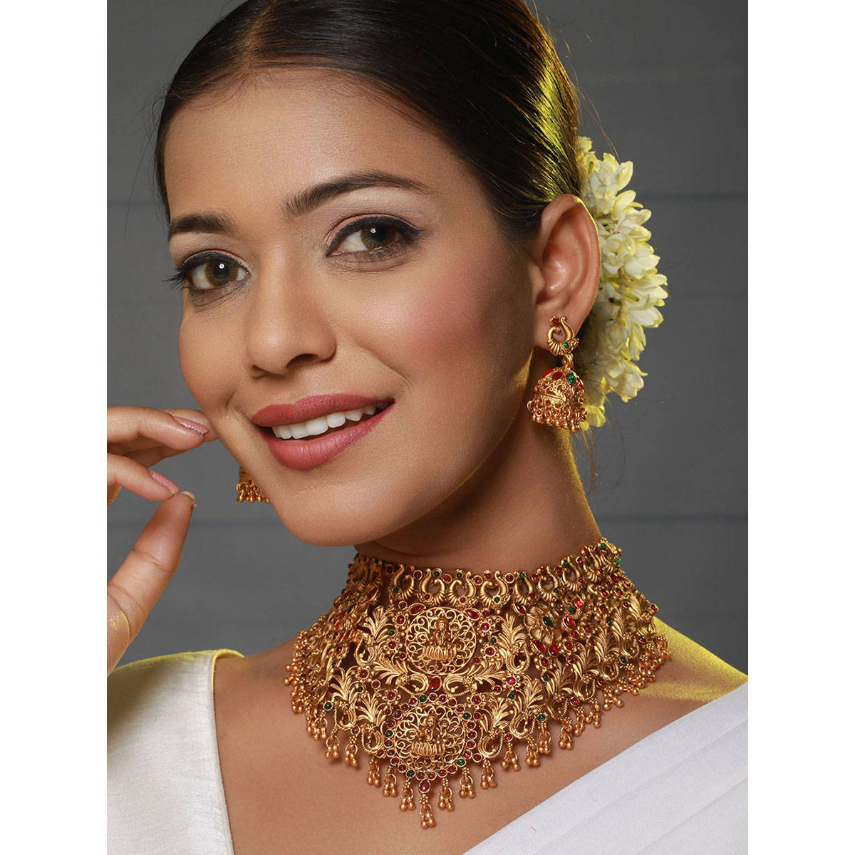 Aatmana Gold-Plated Red & Green Stone-Studded Temple Jewellery-Set