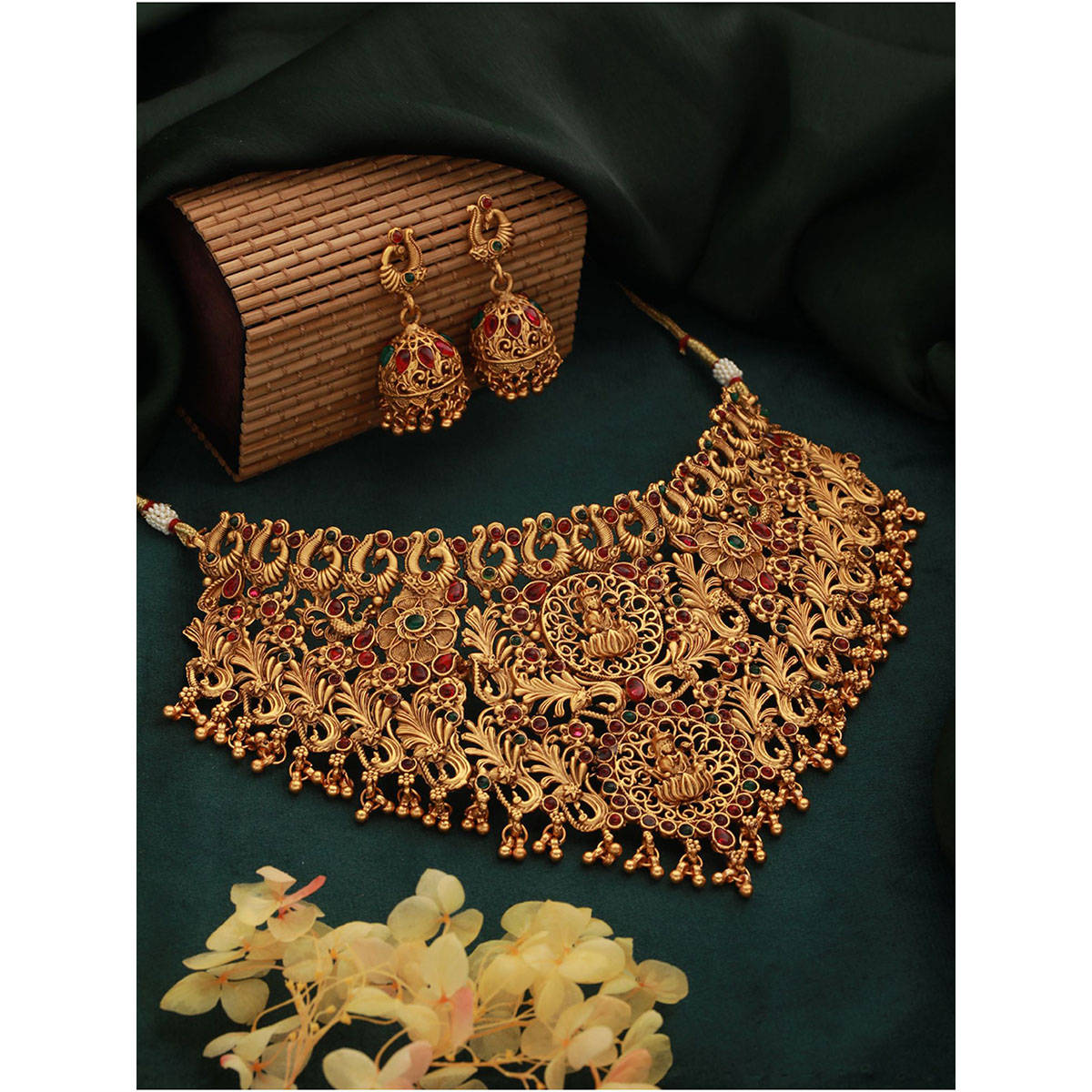 Aatmana Gold-Plated Red & Green Stone-Studded Temple Jewellery-Set