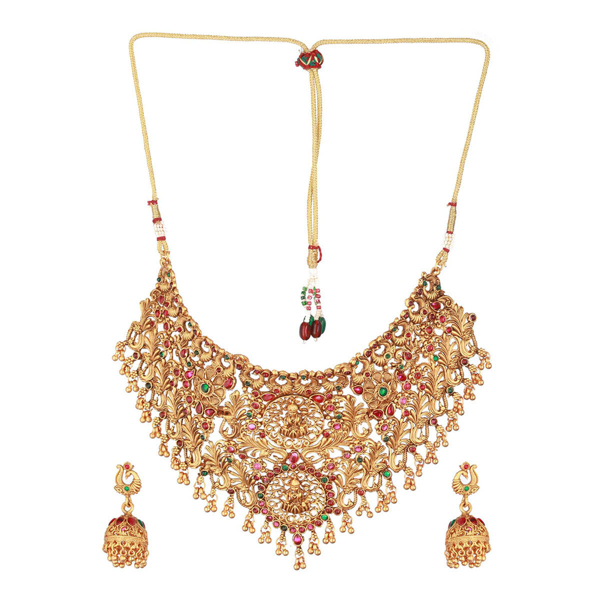 Aatmana Gold-Plated Red & Green Stone-Studded Temple Jewellery-Set