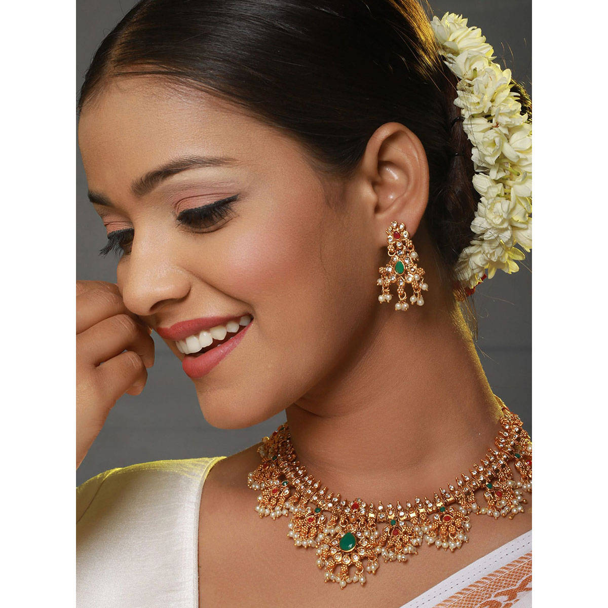Aatmana 24K Gold-Plated Handcrafted Red & Green Stone Studded Temple Necklace Set · One Size