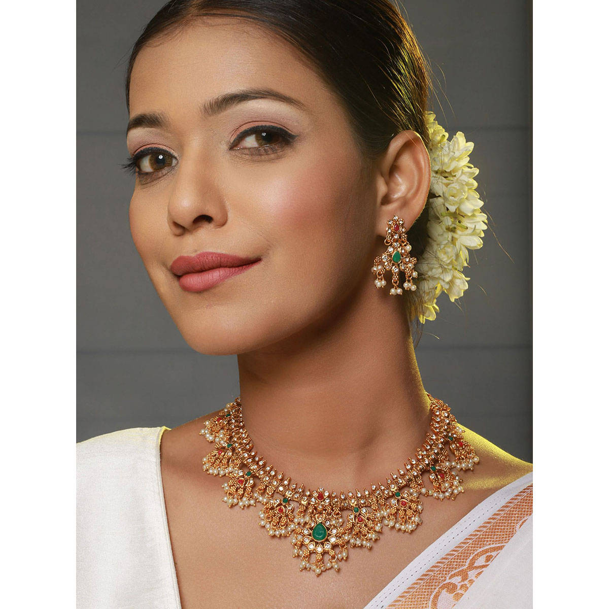 Aatmana 24K Gold-Plated Handcrafted Red & Green Stone Studded Temple Necklace Set · One Size