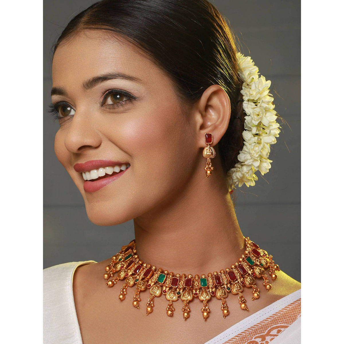 Aatmana 22 K Gold-Plated Red & Green Stone Studded & Beaded Temple Jewellery Set