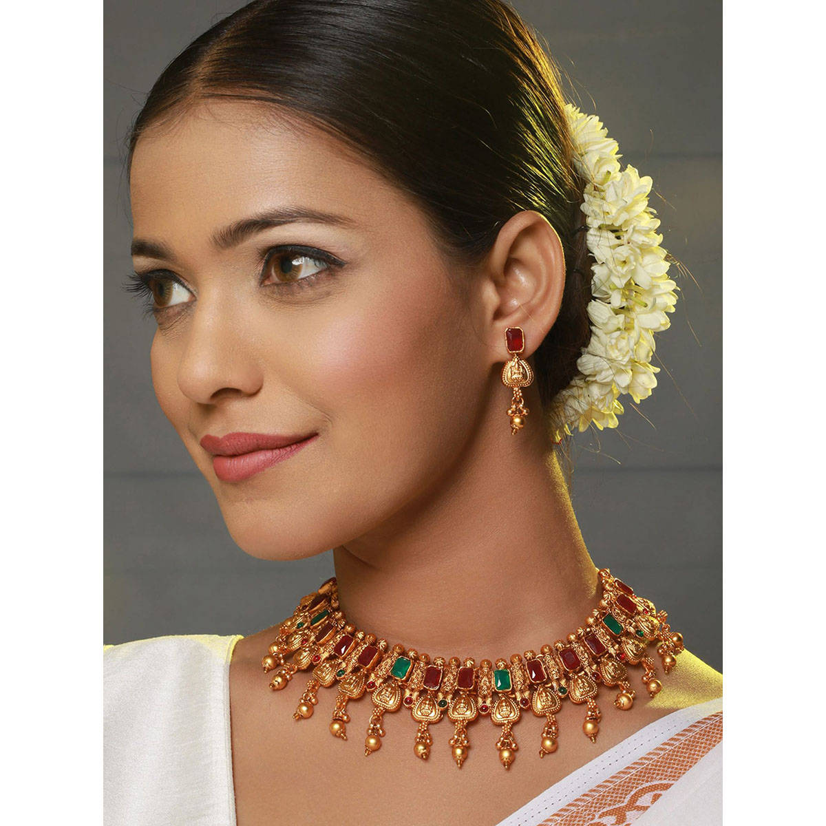 Aatmana 22 K Gold-Plated Red & Green Stone Studded & Beaded Temple Jewellery Set
