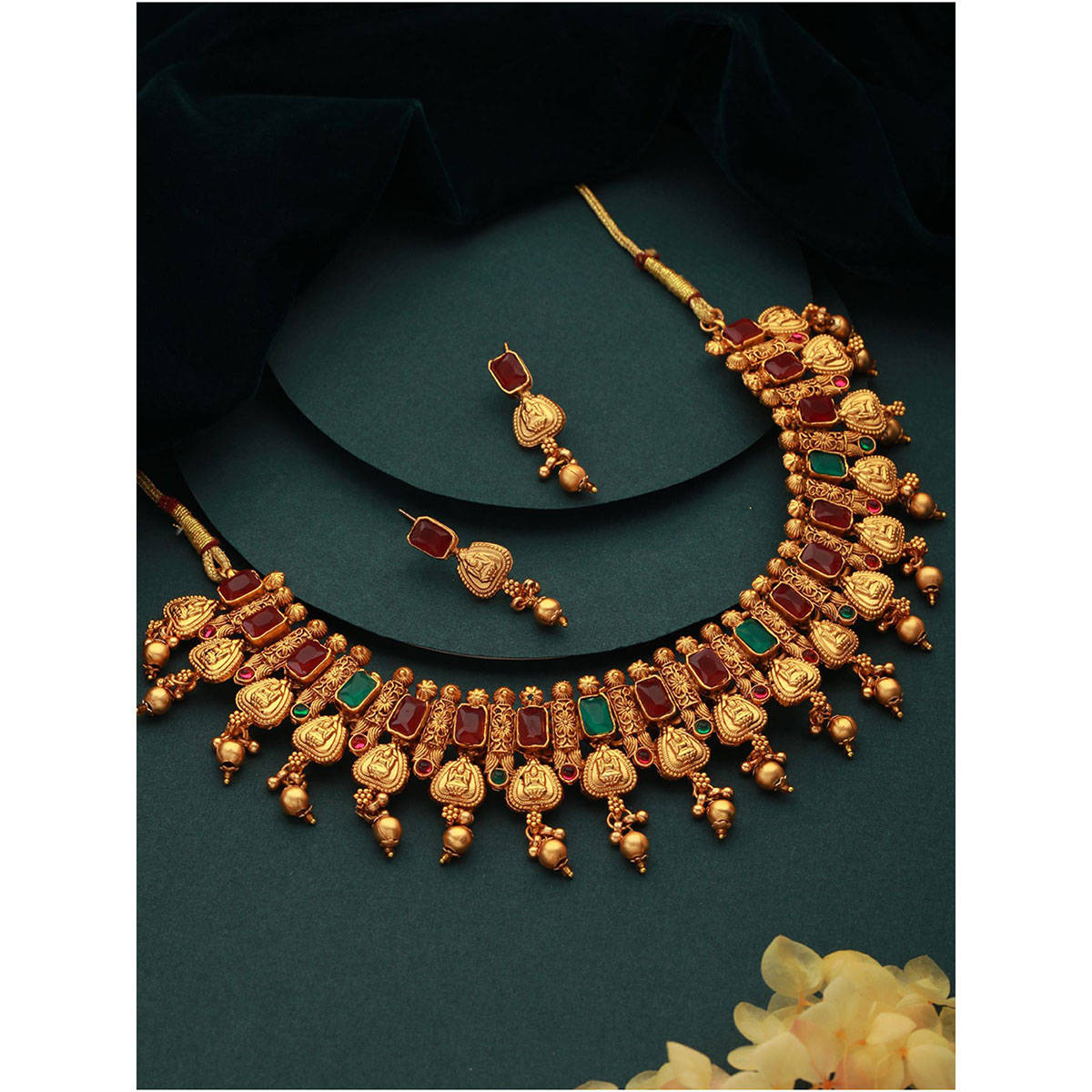 Aatmana 22 K Gold-Plated Red & Green Stone Studded & Beaded Temple Jewellery Set