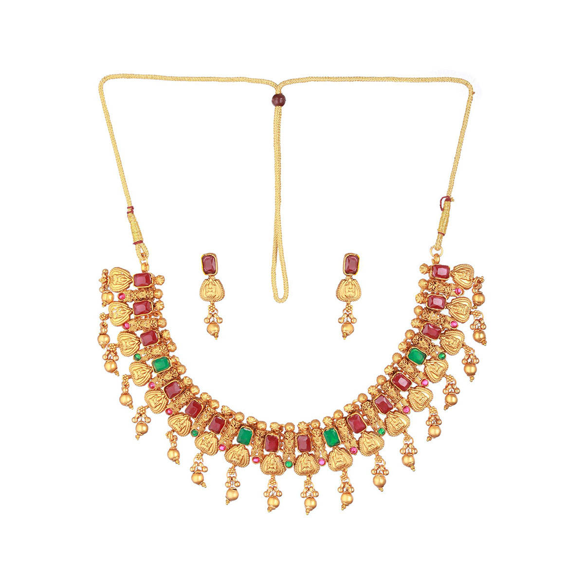 Aatmana 22 K Gold-Plated Red & Green Stone Studded & Beaded Temple Jewellery Set