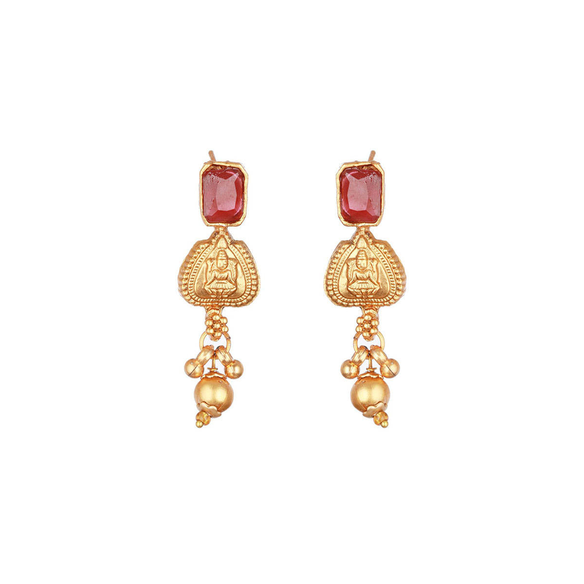 Aatmana 22 K Gold-Plated Red & Green Stone Studded & Beaded Temple Jewellery Set
