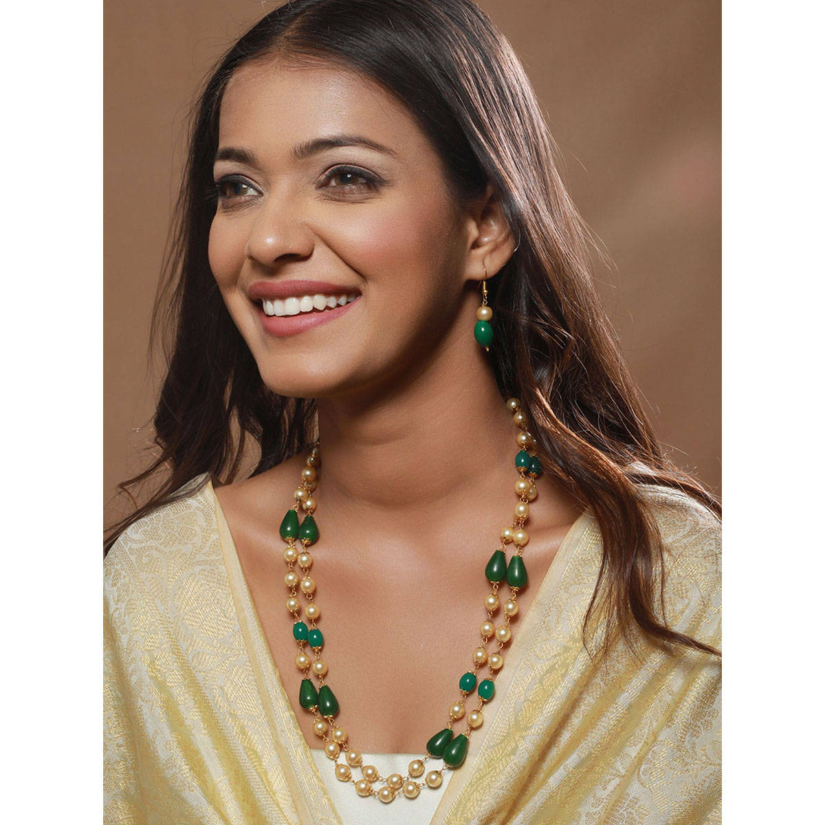 Aatmana Women Gold-Toned & Green Brass Gold-Plated Layered Necklace