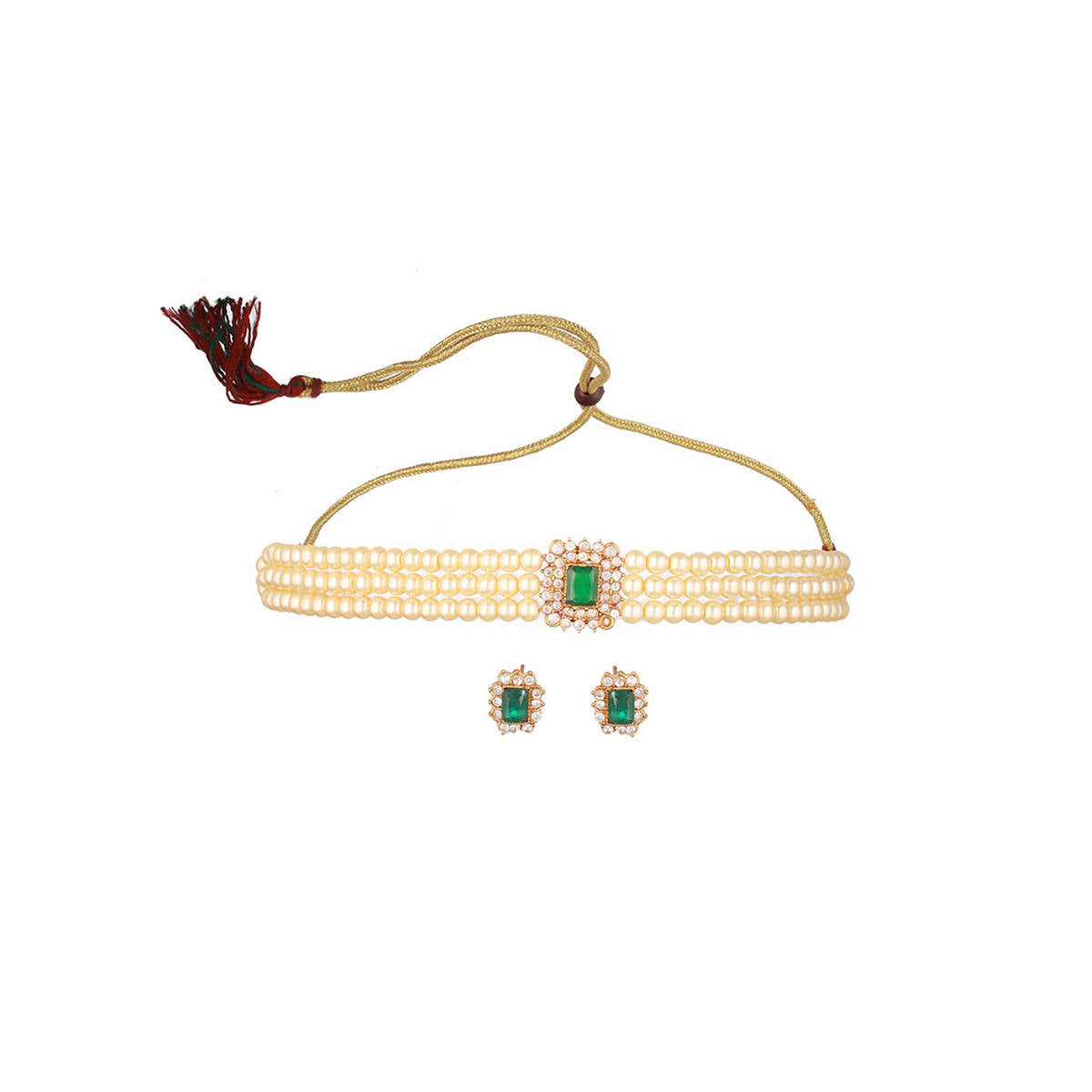 Aatmana Gold-Toned And Green Gold-Plated Multi Layer Pearl Choker Jewellery Set