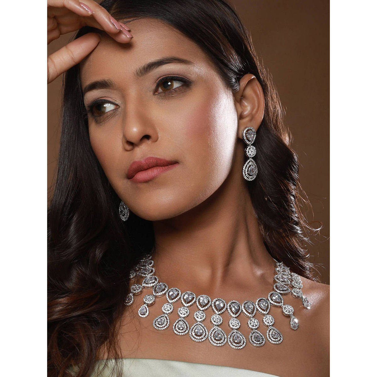 Aatmana Silver-Plated White AD-Studded Statement Jewellery Set