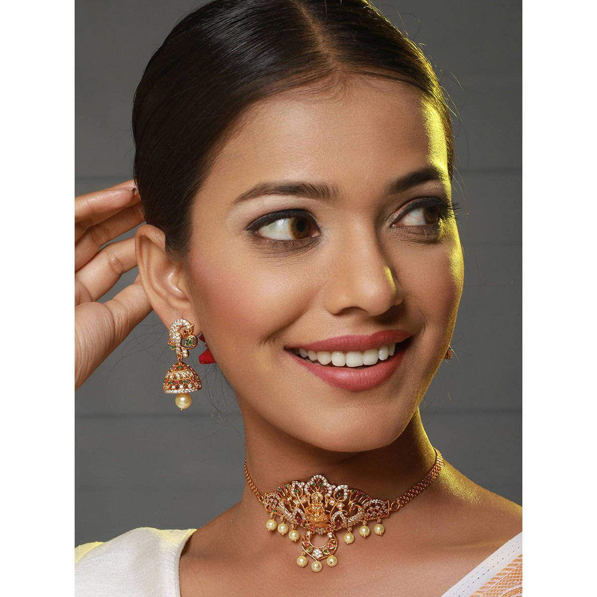 Aatmana 22K Gold-Plated White & Pink Ruby AD Studded Beaded Handcrafted Temple Jewellery Set