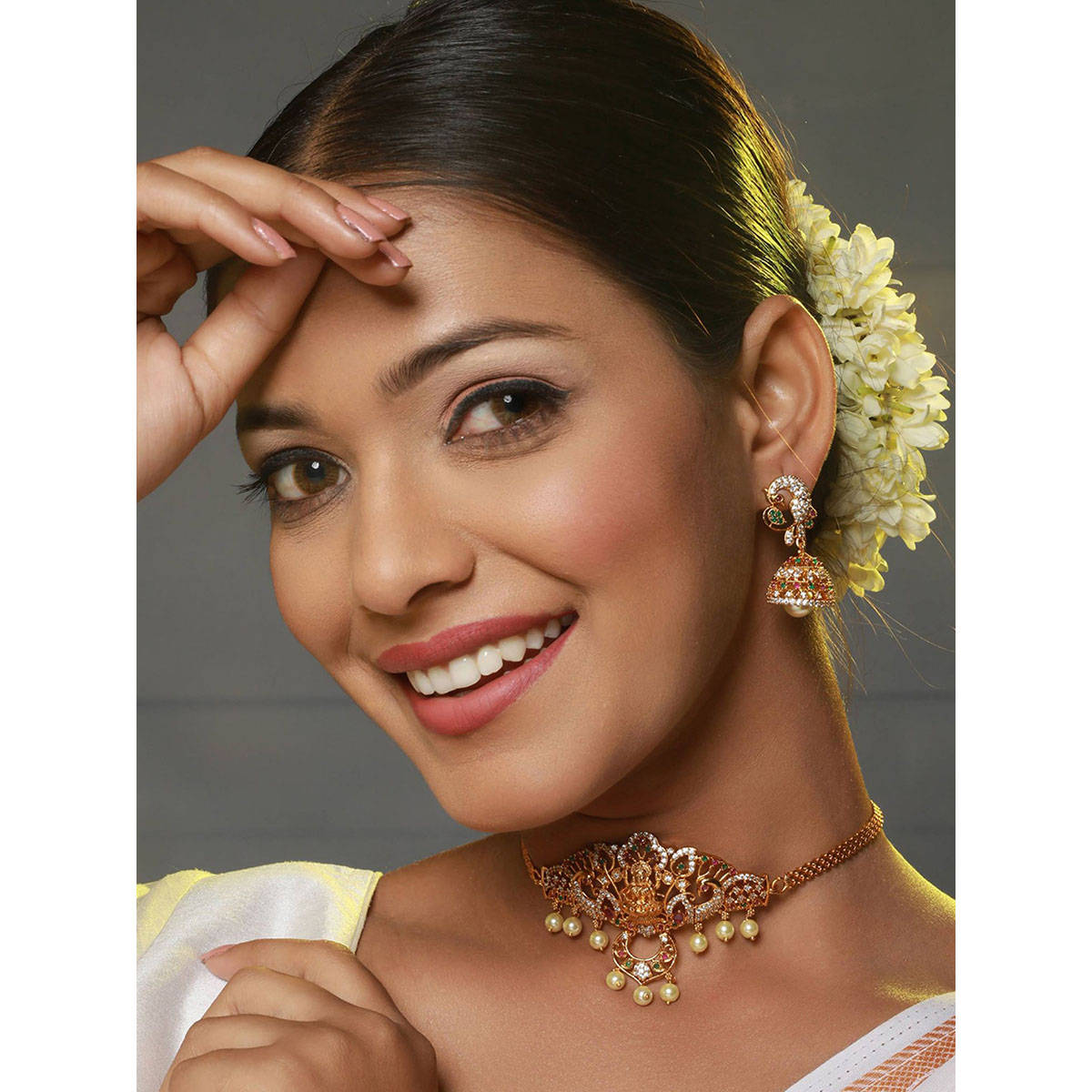 Aatmana 22K Gold-Plated White & Pink Ruby AD Studded Beaded Handcrafted Temple Jewellery Set