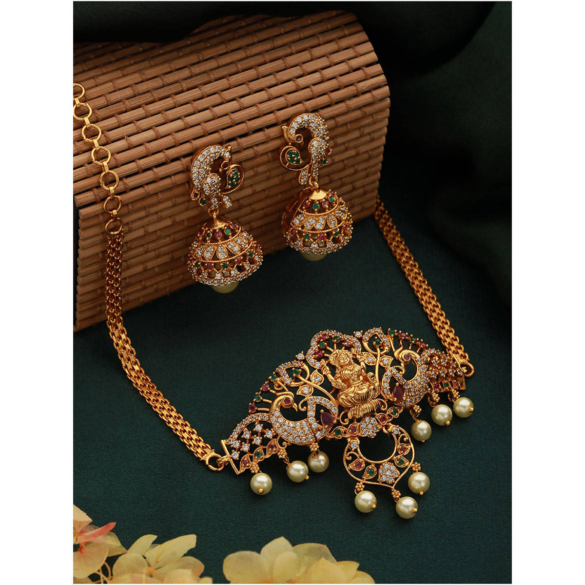 Aatmana 22K Gold-Plated White & Pink Ruby AD Studded Beaded Handcrafted Temple Jewellery Set