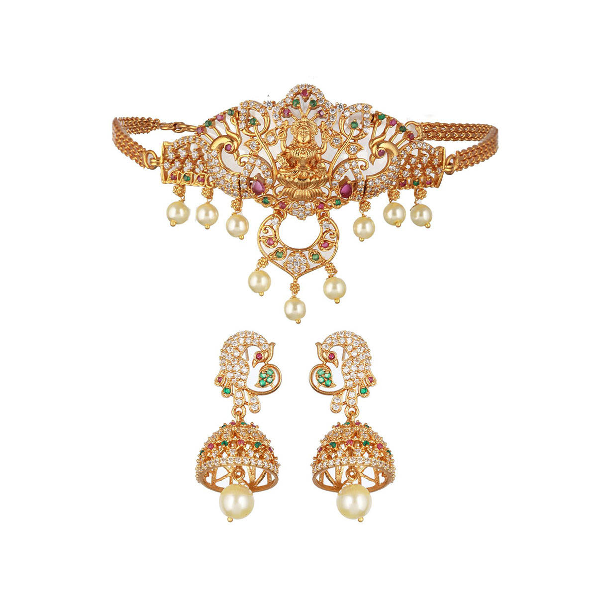 Aatmana 22K Gold-Plated White & Pink Ruby AD Studded Beaded Handcrafted Temple Jewellery Set