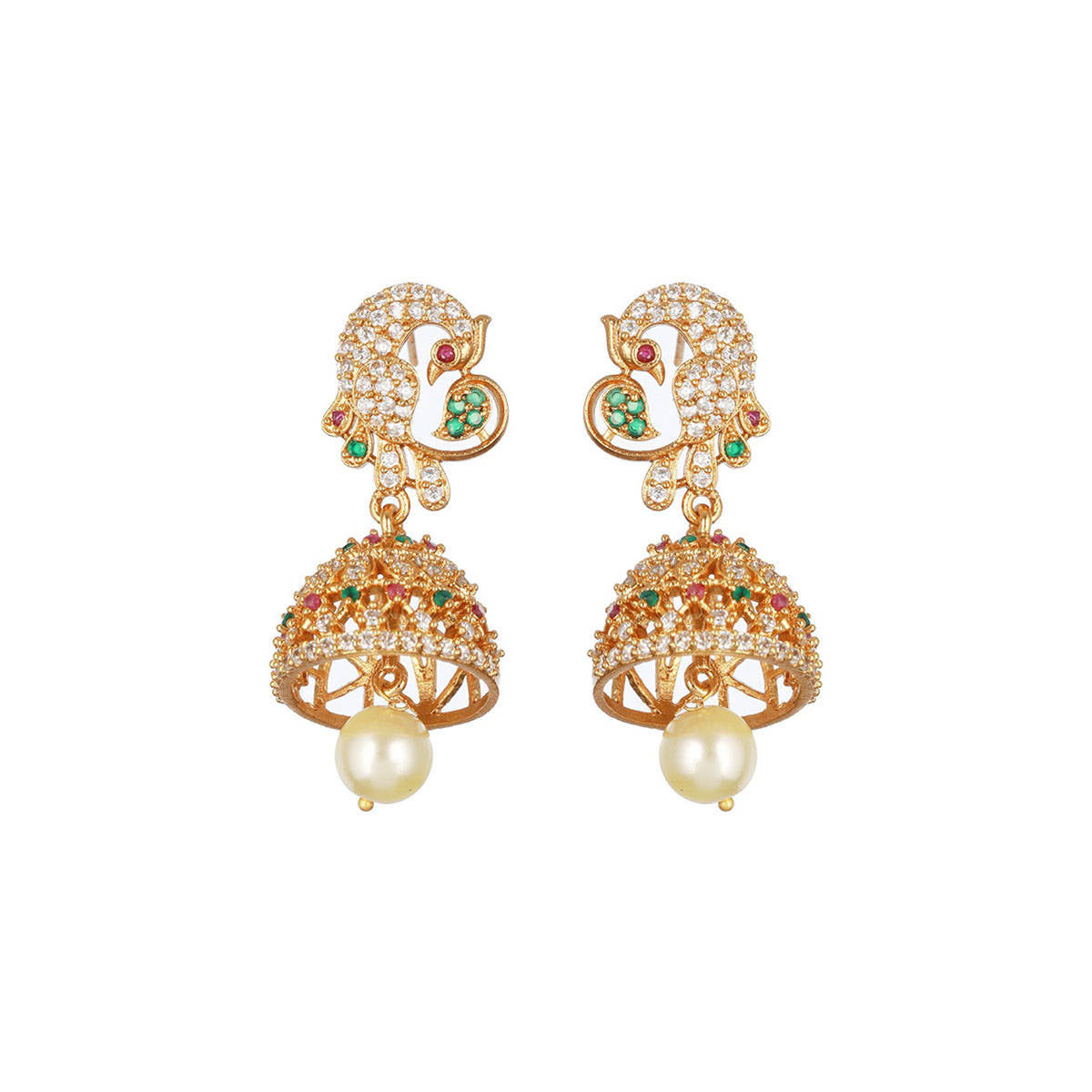 Aatmana 22K Gold-Plated White & Pink Ruby AD Studded Beaded Handcrafted Temple Jewellery Set