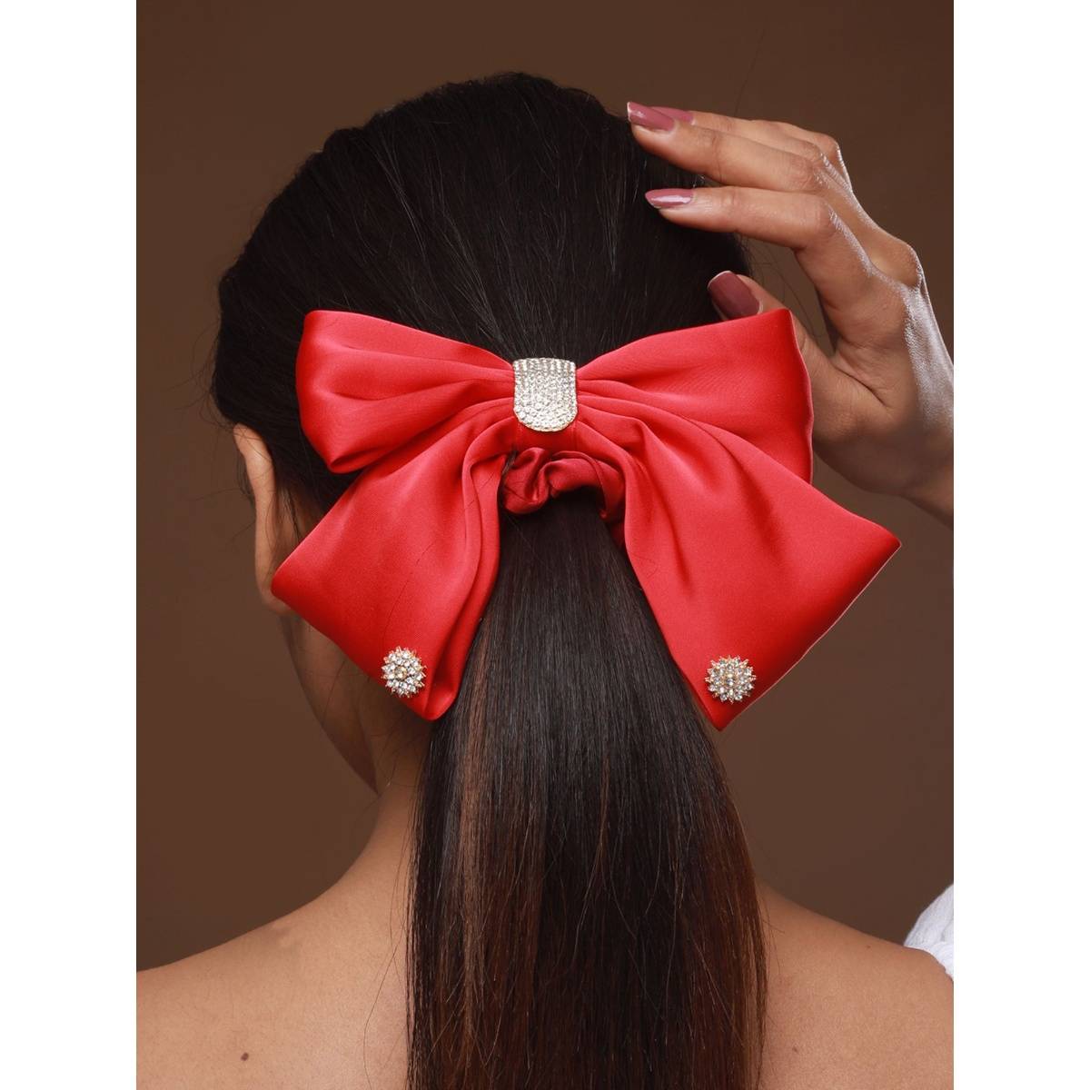 Aatmana Red Cz Studded Embellished Ponytail Hair Scrunchies · One Size