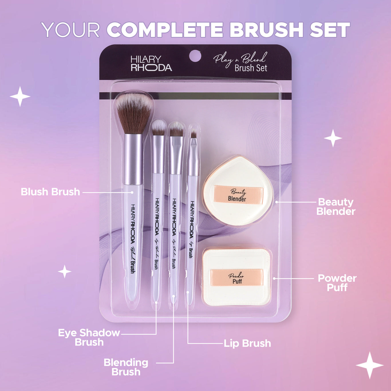 Play n Blend Brush Set Easy Blending | Eyeshadow Brushes | Blush Brush | Lip Brush | Beauty Blender | Powder Puff | Smart Bristles | Streak-Free Application