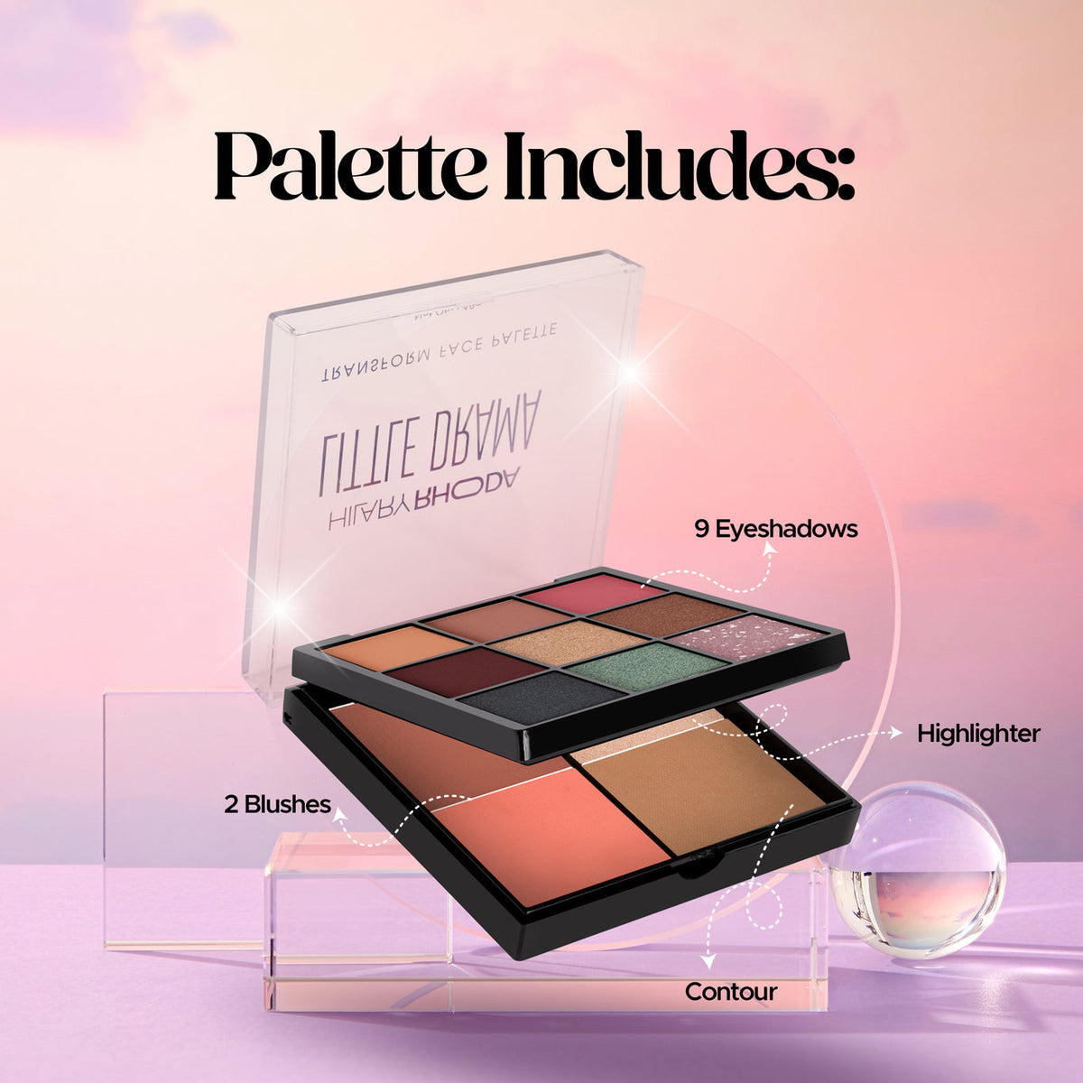 Hilary Rhoda Transform Face Palette 9 Eyeshadows | 2 Blushes | Highlighter | Contour | Travel-Friendly | Highly Pigmented | Long Lasting | Blends Easily | All-i