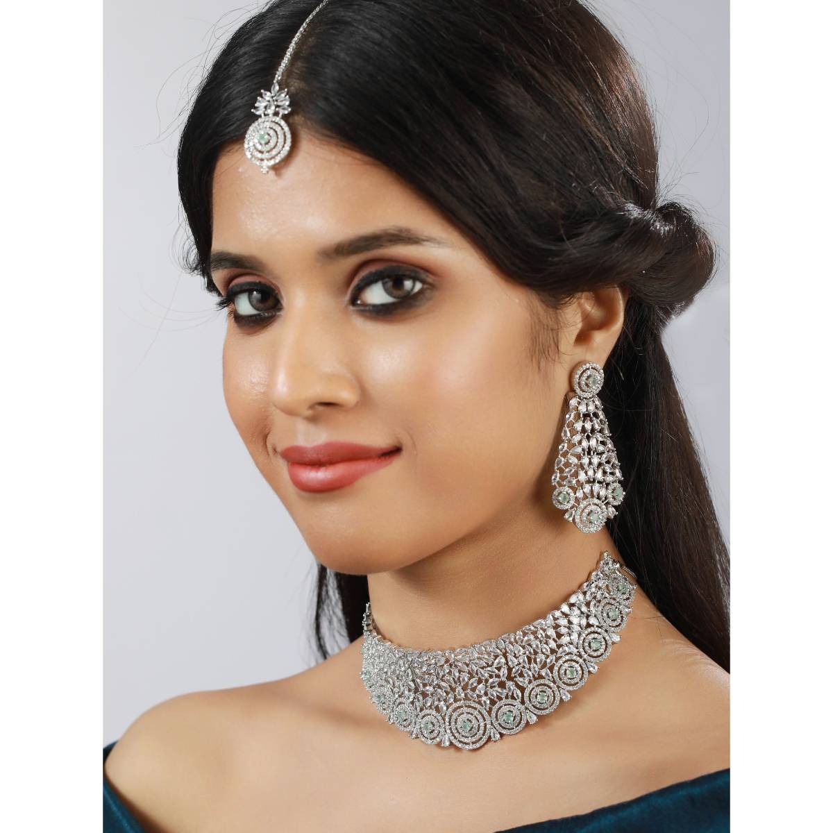 Aatmana Silver Plated Green American Diamond CZ Studded Necklace Set with Maangtikka