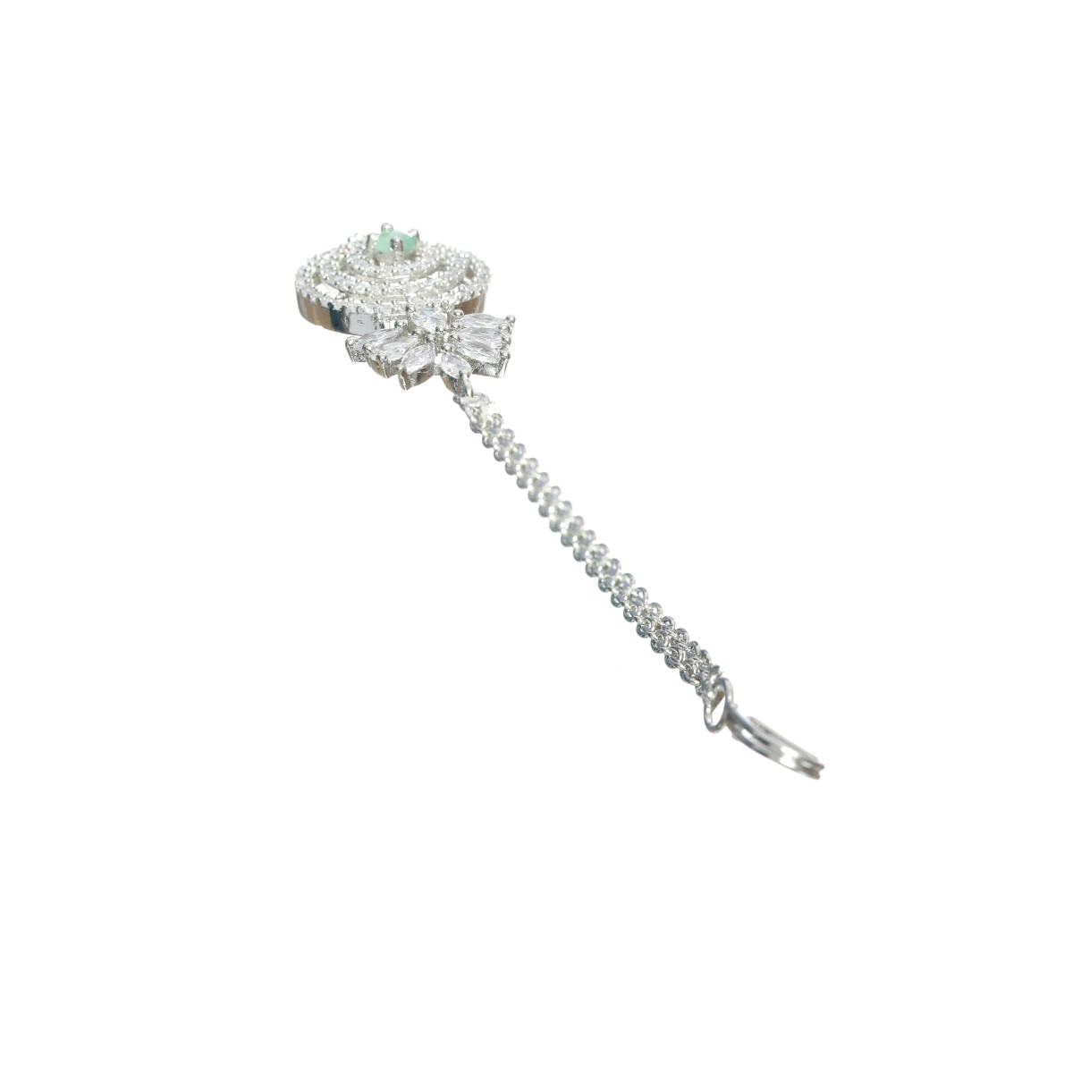 Aatmana Silver Plated Green American Diamond CZ Studded Necklace Set with Maangtikka
