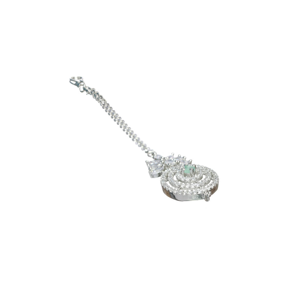 Aatmana Silver Plated Green American Diamond CZ Studded Necklace Set with Maangtikka