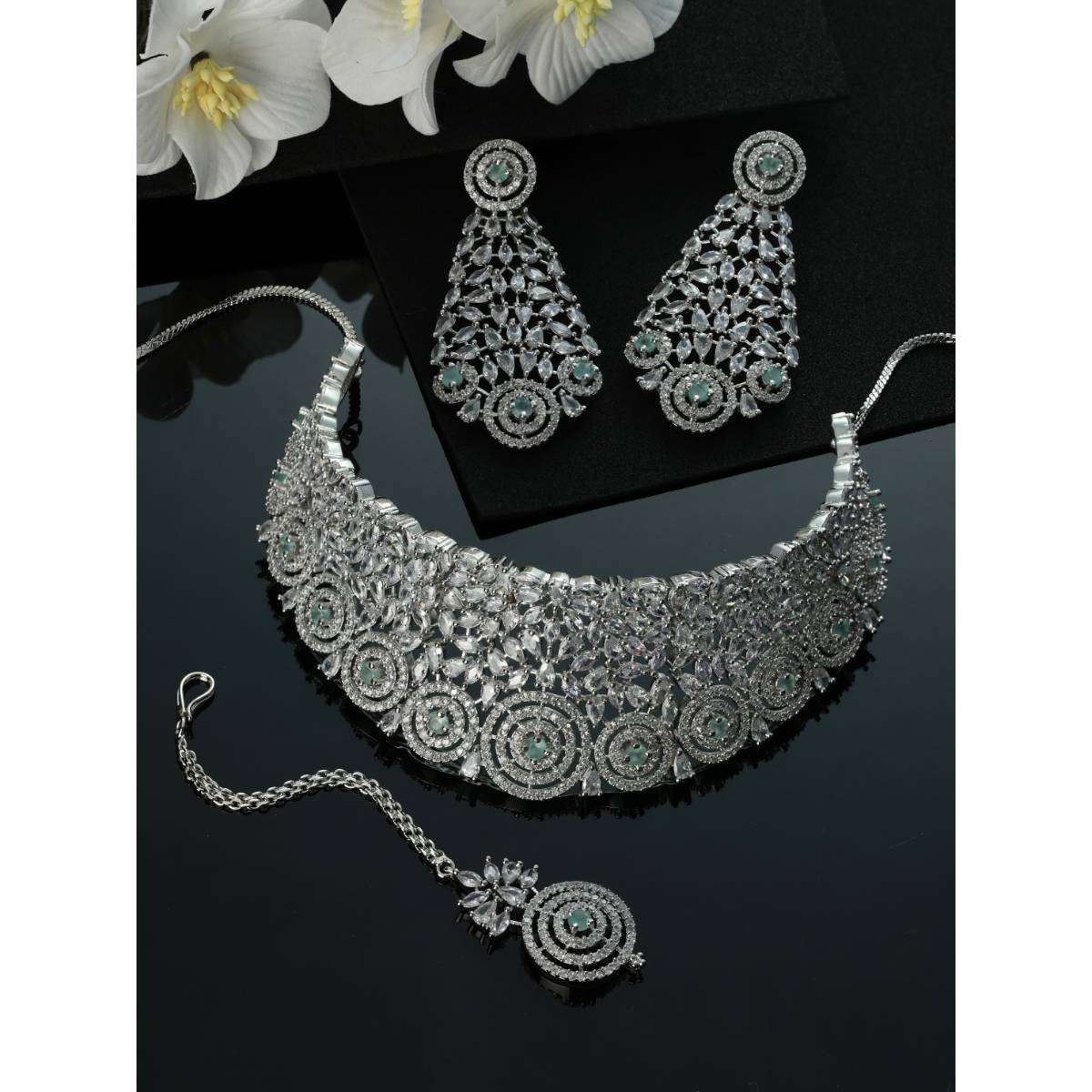 Aatmana Silver Plated Green American Diamond CZ Studded Necklace Set with Maangtikka