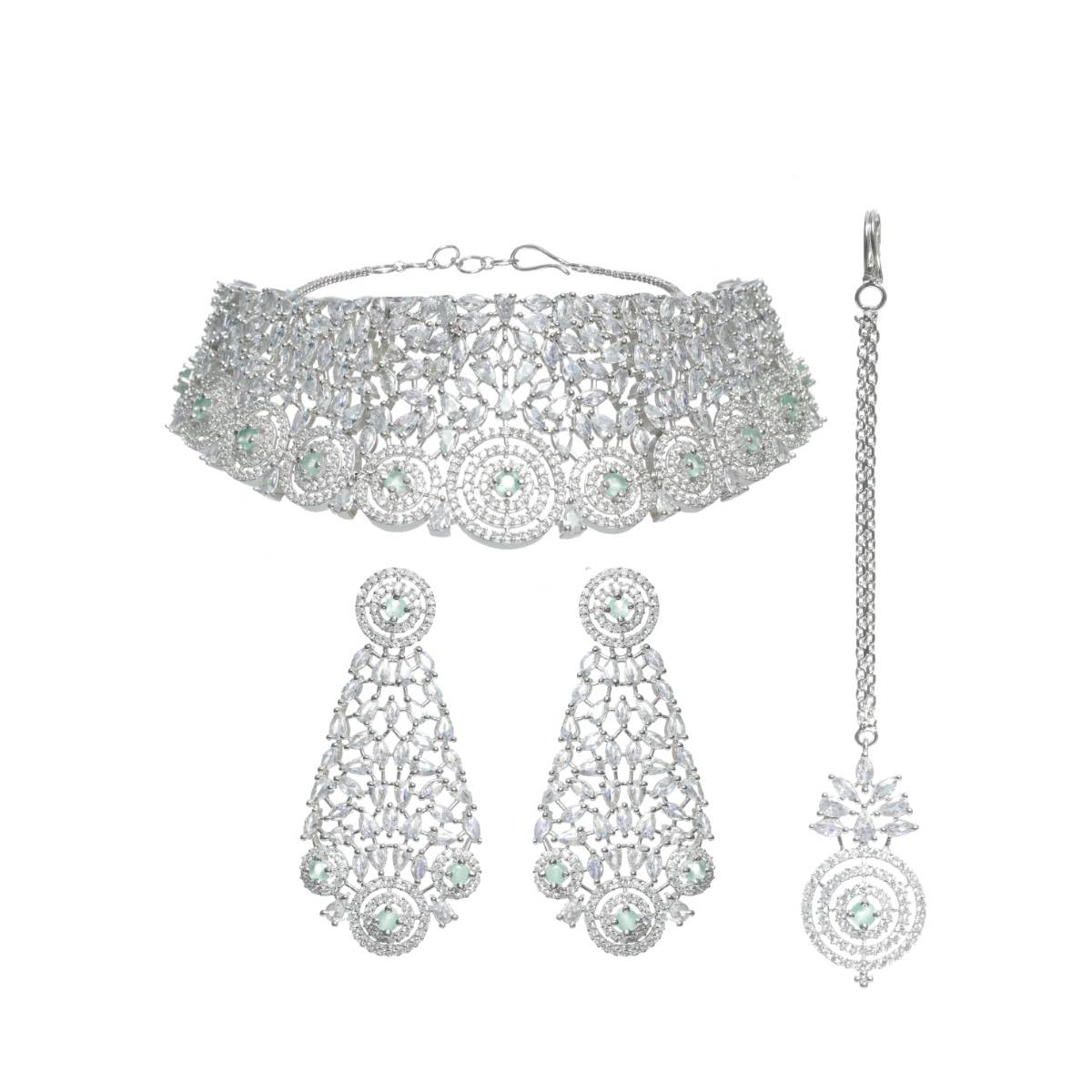 Aatmana Silver Plated Green American Diamond CZ Studded Necklace Set with Maangtikka