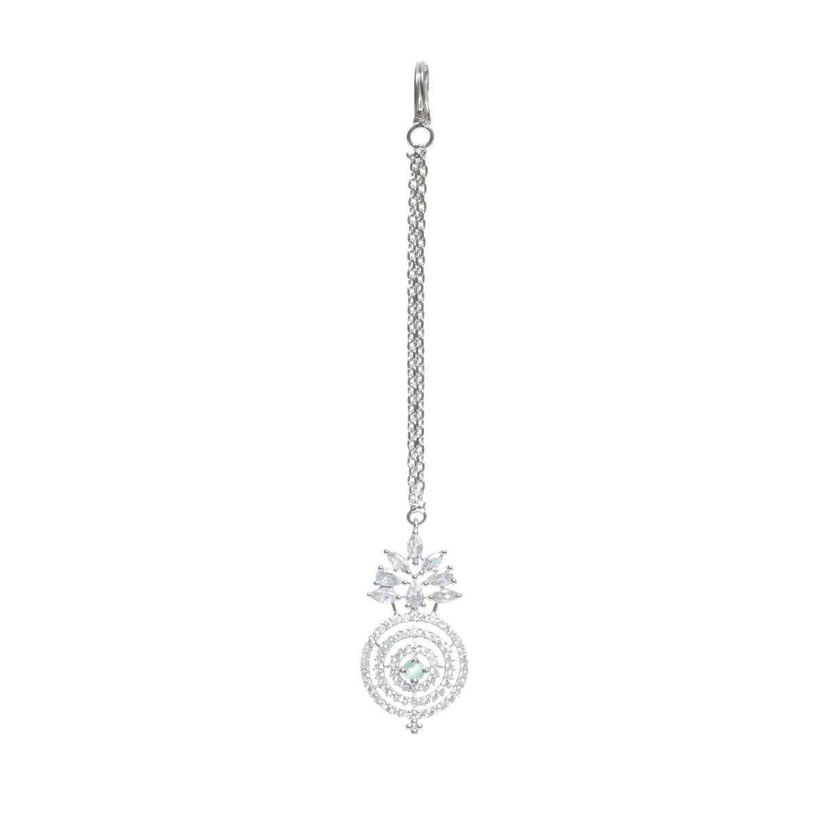 Aatmana Silver Plated Green American Diamond CZ Studded Necklace Set with Maangtikka
