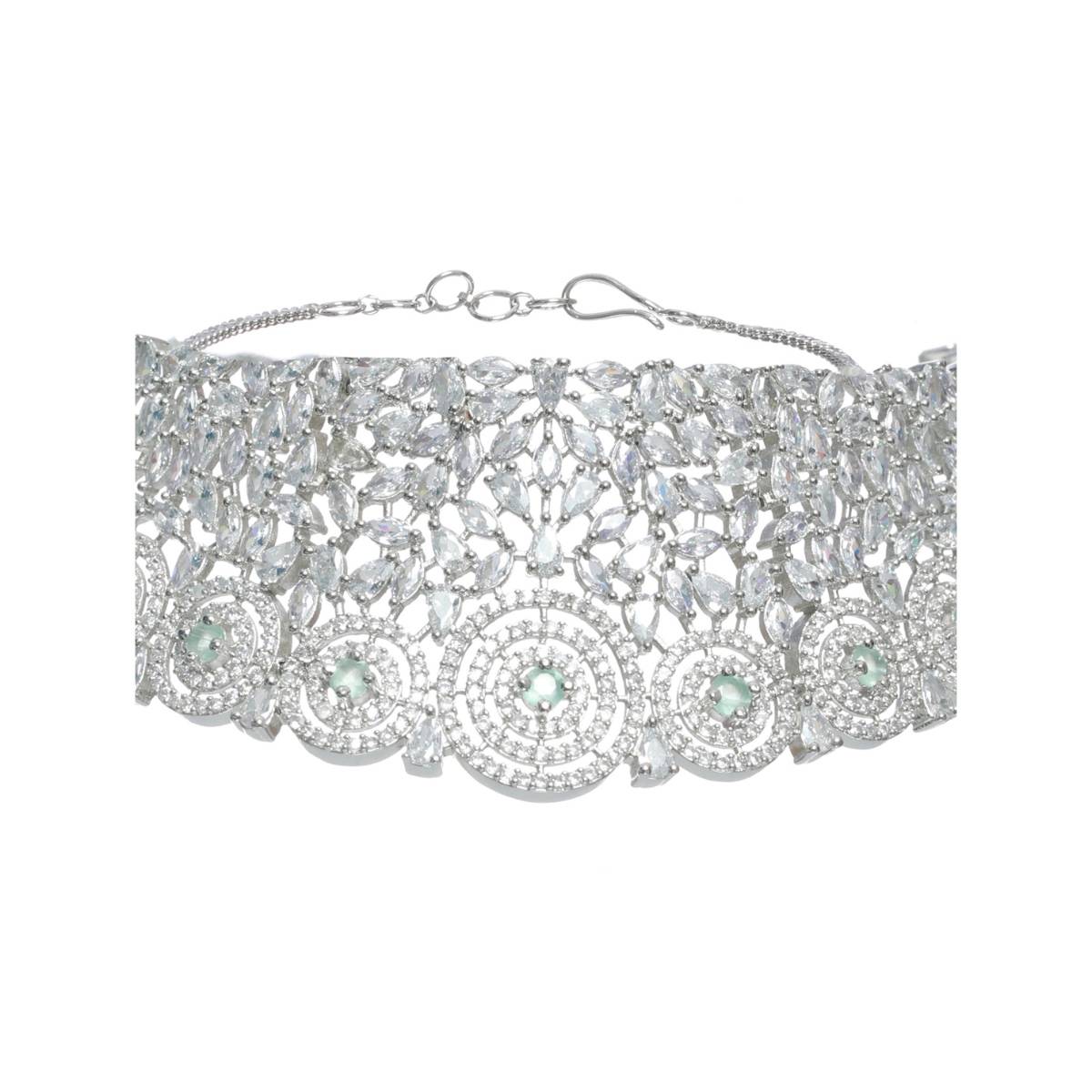 Aatmana Silver Plated Green American Diamond CZ Studded Necklace Set with Maangtikka