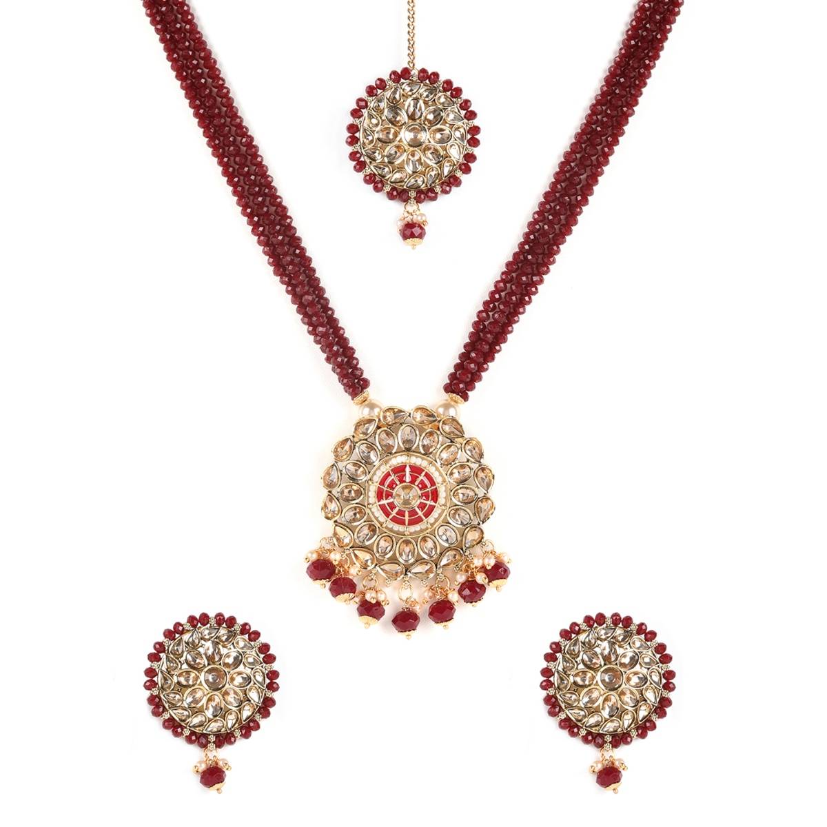 Aatmana Gold Plated Kundan Studded Maroon Beaded Multi Strand Jewellery Set with Maangtikka