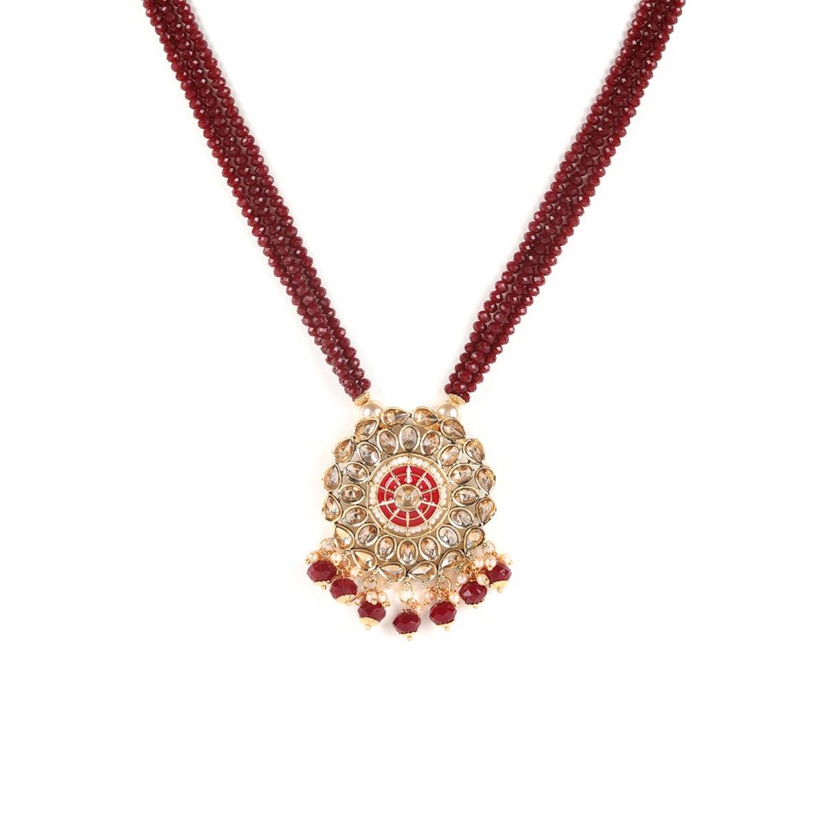 Aatmana Gold Plated Kundan Studded Maroon Beaded Multi Strand Jewellery Set with Maangtikka