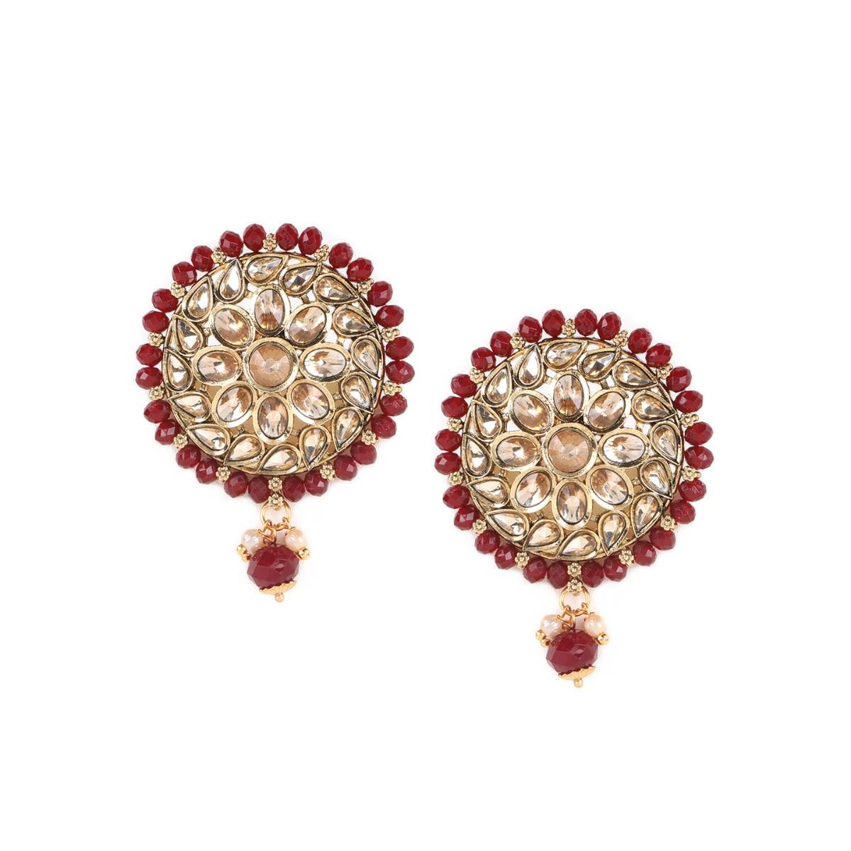 Aatmana Gold Plated Kundan Studded Maroon Beaded Multi Strand Jewellery Set with Maangtikka