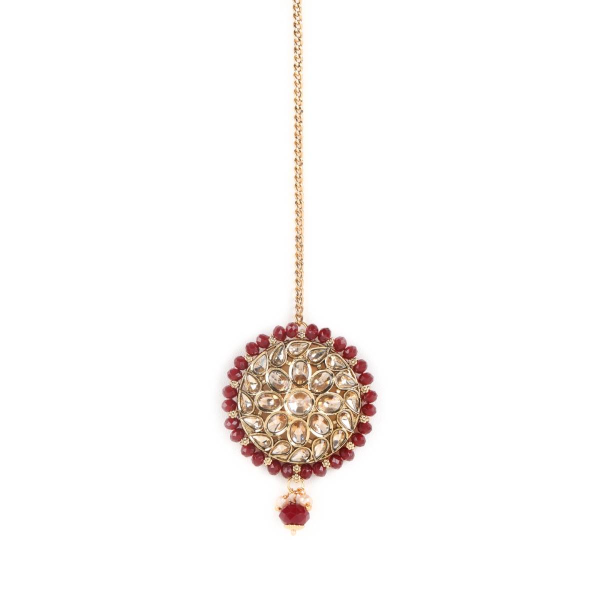 Aatmana Gold Plated Kundan Studded Maroon Beaded Multi Strand Jewellery Set with Maangtikka