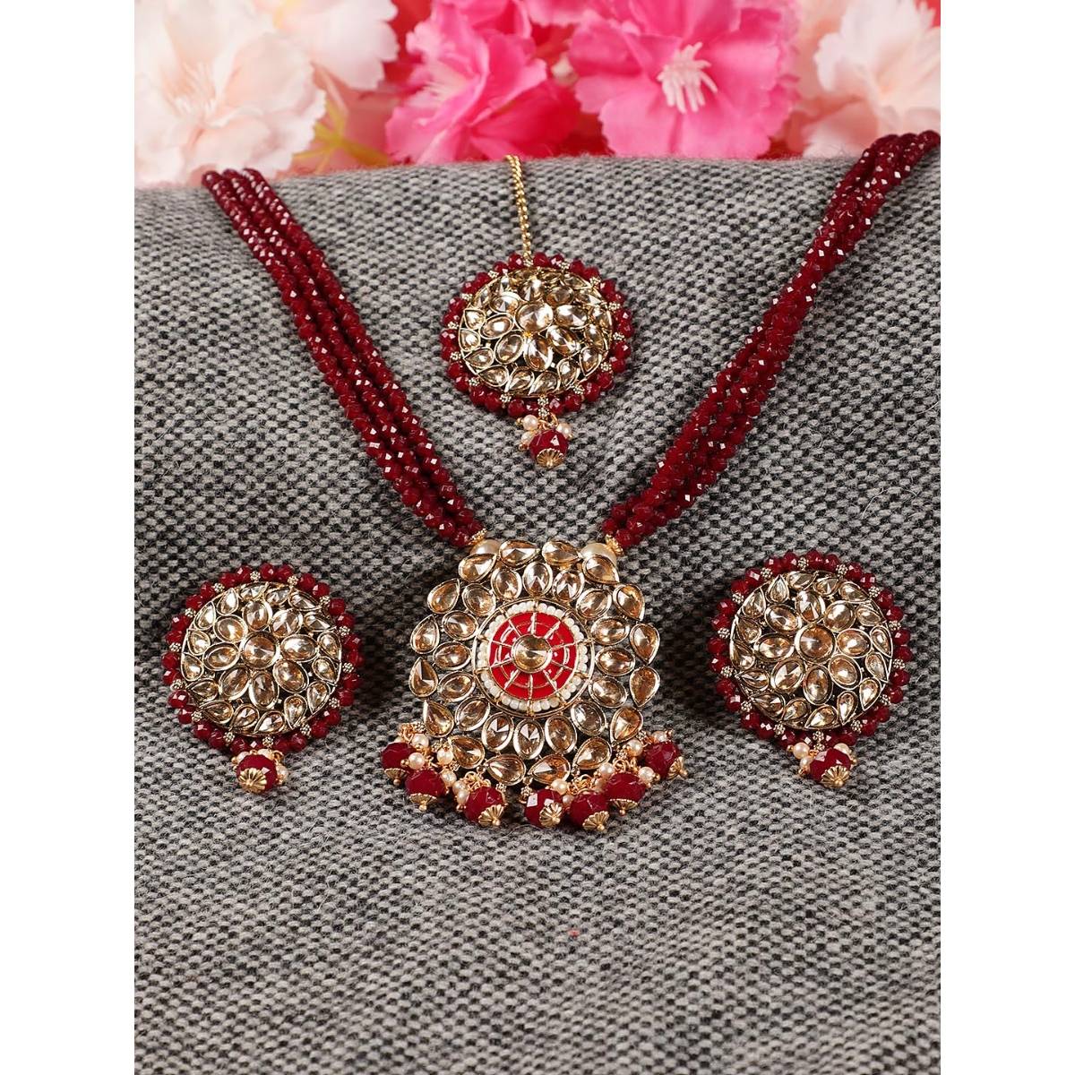 Aatmana Gold Plated Kundan Studded Maroon Beaded Multi Strand Jewellery Set with Maangtikka