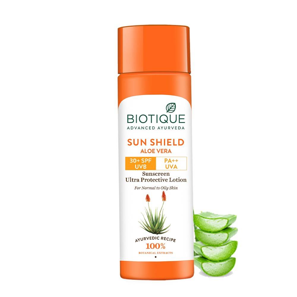 Biotique SUN SHIELD Aloe Vera Ultra Protective Lotion SPF 30+ UVB PA++ UVA Sunscreen · 120ml