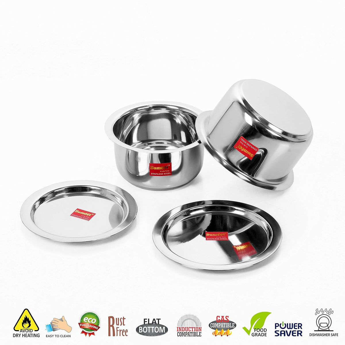 Sumeet 2 Pcs Stainless Steel Induction & Gas Stove Friendly Container Set/Tope/Cookware Set with Lids - Size No.13 & No.14 2.3L