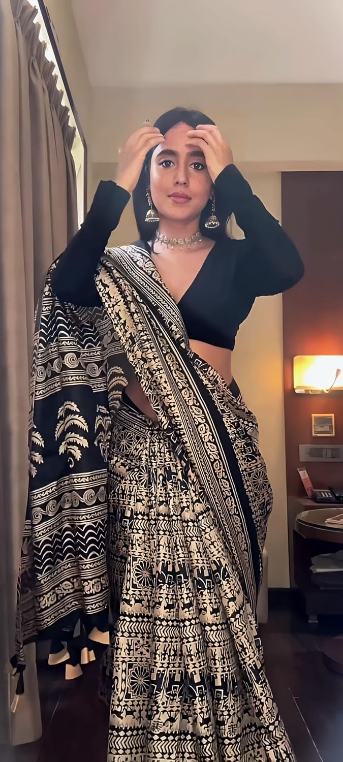 EthnicJunction Ladies Cotton Silk Kalamkari Print Sari with Blouse Jet Black & Beige