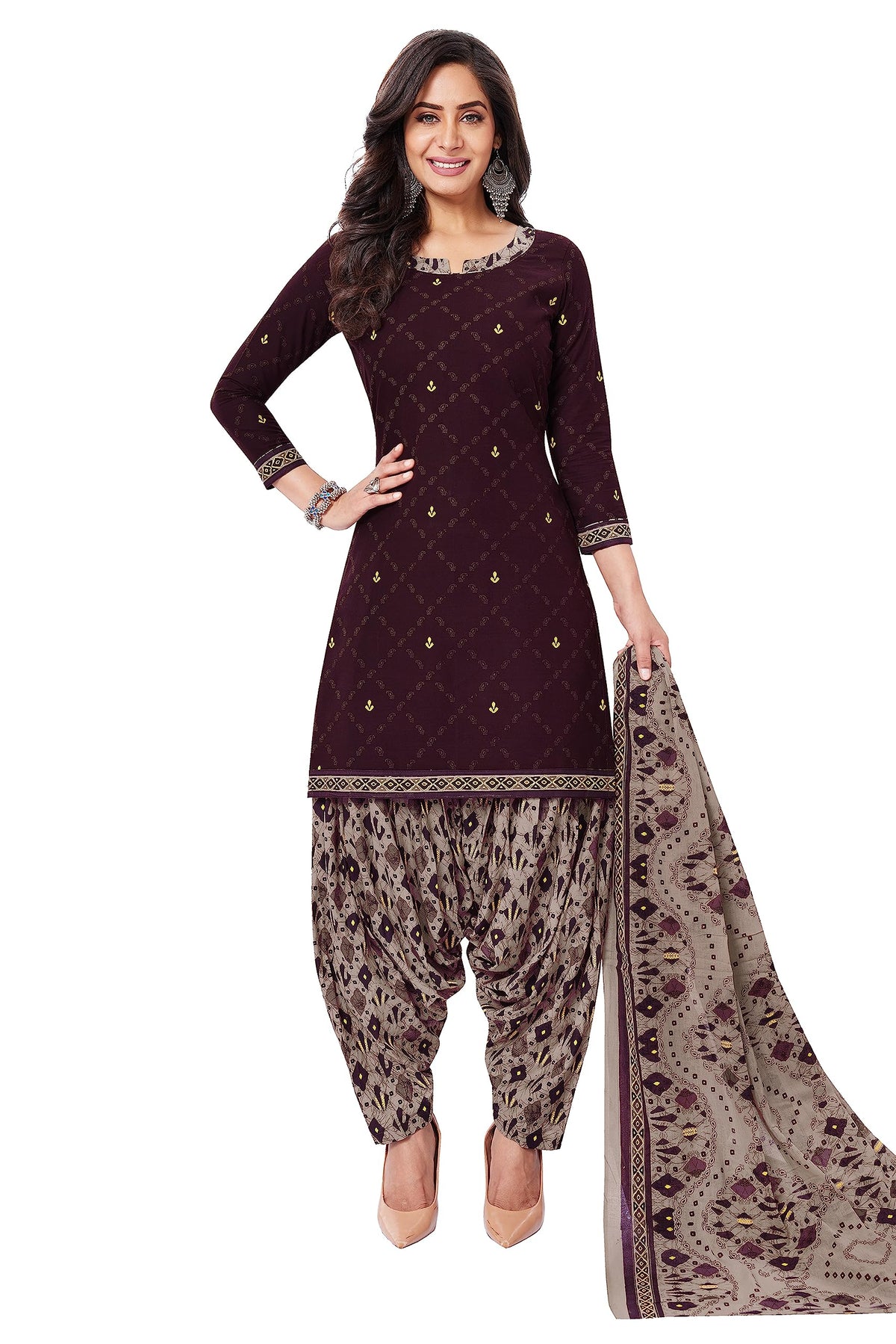 Miraan Unstitched Printed Cotton Salwar Suit Material For Women (BANDCOL1734, Purple, Free Size)