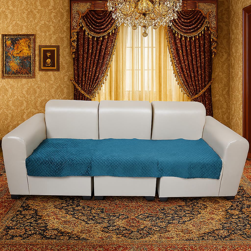 KINGLY Velvet Quilted 7 Seater (3+2+2) Sofa Protector – Premium Non-Slip Fit, Machine Washable Couch Mat for Living Room Sofa Set (Green Blue, 3pc Set – 23x27”
