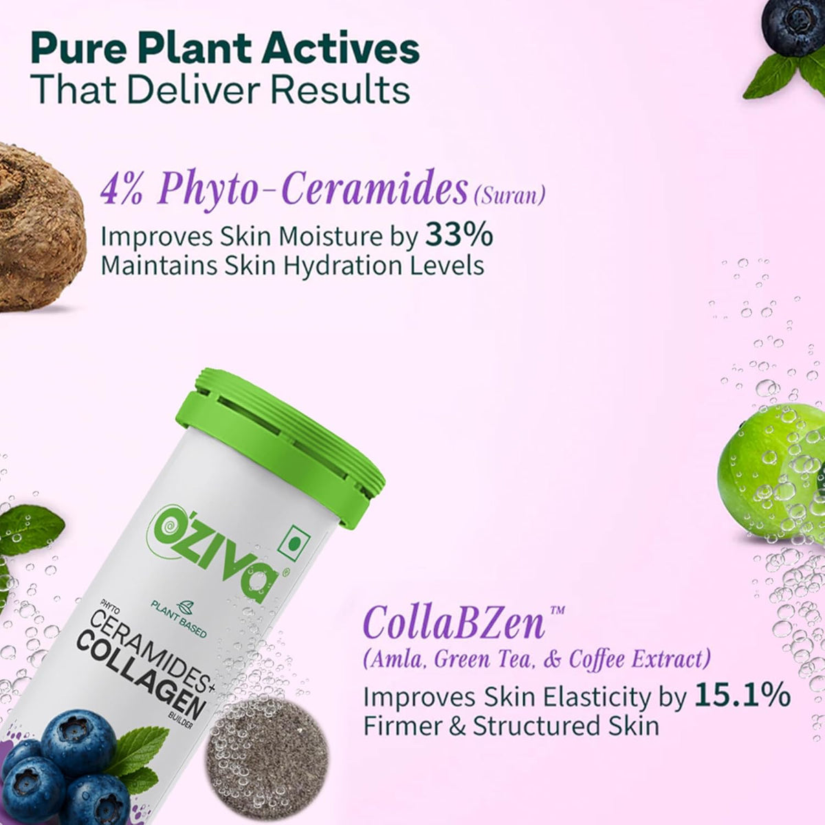OZiva Phyto Ceramides+ Collagen Builder, Blueberry, 30 Tabs, Pack of 2 Pack of 2 - Starter Pack (1 Month) Blueberry